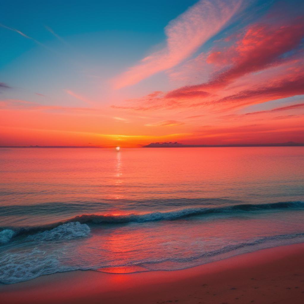 Discover the breathtaking beauty of a coral-colored and colorful sunset captured by @ai_generated and add a stunning natural background to your next design project.