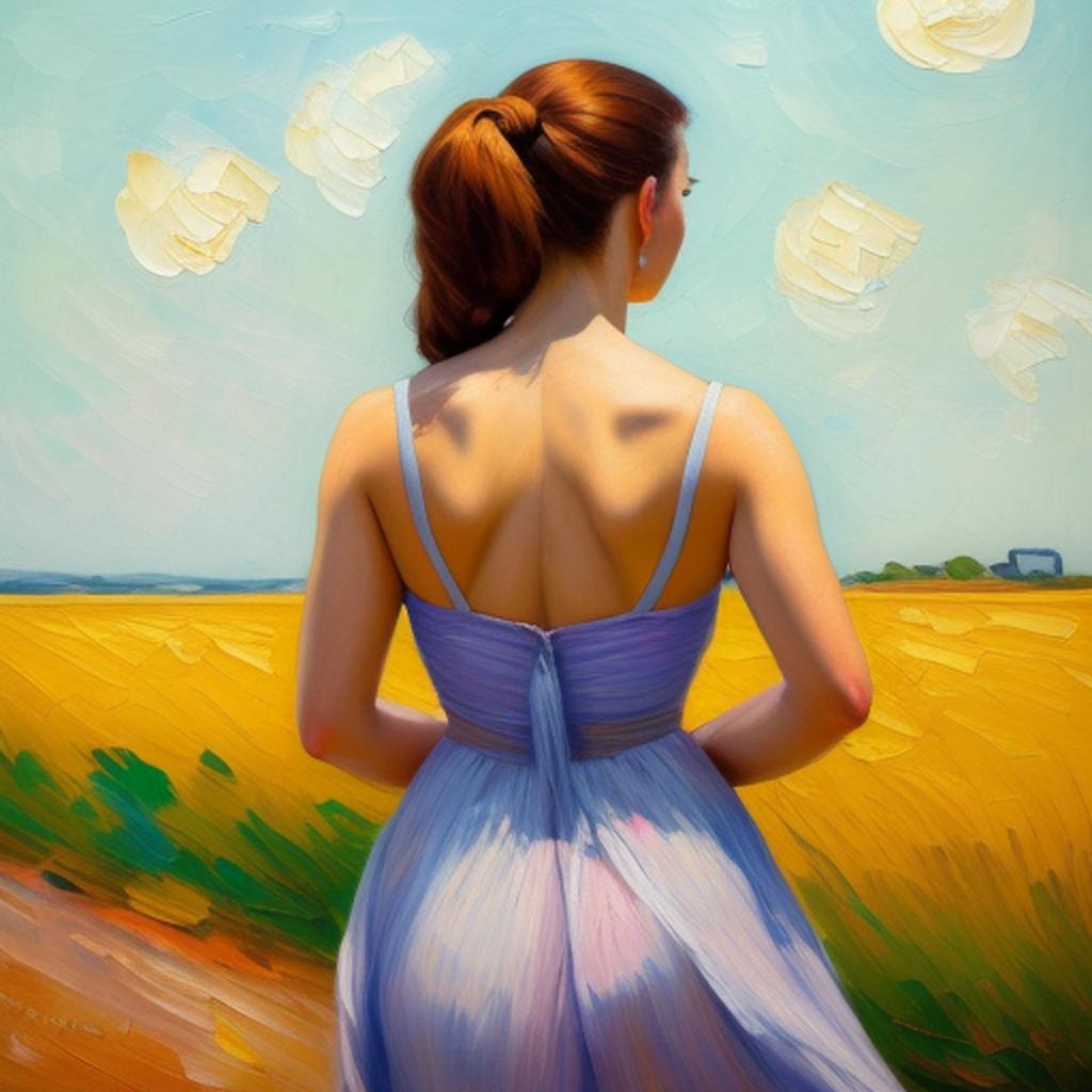 This striking artwork titled "woman with back turned" by @ai_generated features an enigmatic figure with her back to the viewer, provoking curiosity