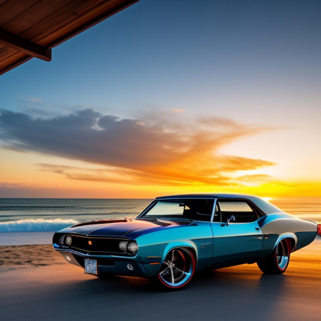 Discover the thrill of vintage muscle cars by @ai_generated against the stunning backdrop of seaside, california.