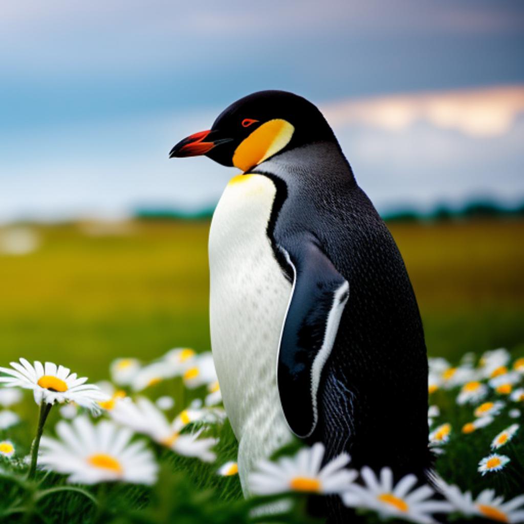 "experience the captivating beauty of a penguin standing on a field with the mesmerizing artwork of @ai_generated. "