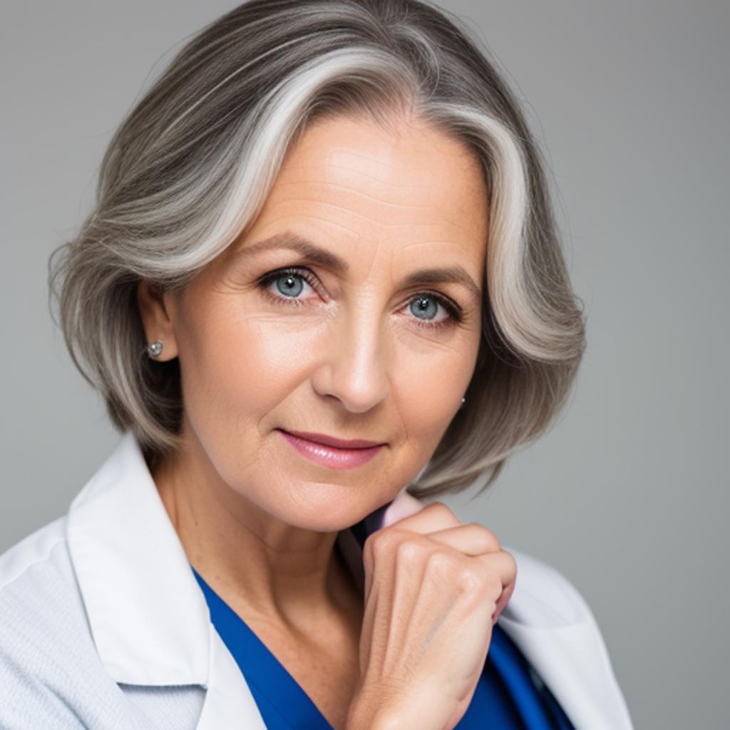 "discover the inspiring story of a brilliant girl doctor who defies age and gracefully embraces her wrinkles and grey hair, as generated by ai technology. "