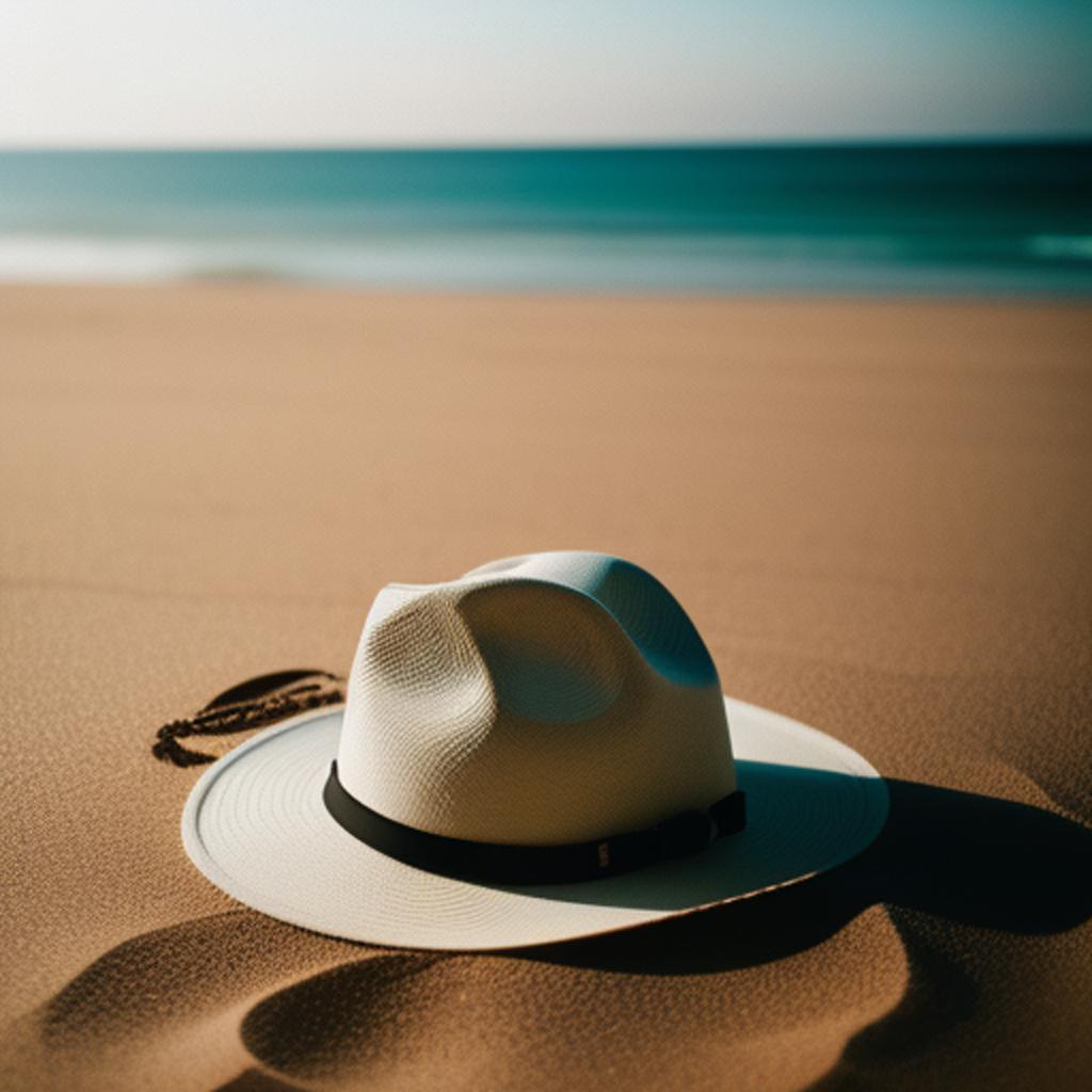 "experience the perfect beach day with the striking image of a hat resting on the sand, artfully captured by @ai_generated - a unique masterpiece for