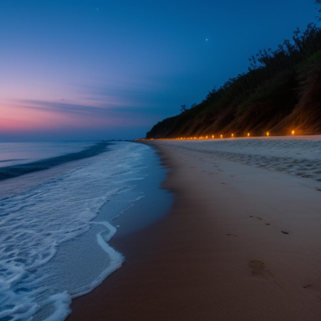 Experience the mesmerizing beauty of a beach at night captured through the lens of ai-generated photography by @ai_generated, embracing the surreal and captivating essence of