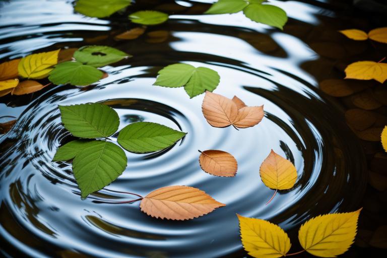 Experience the mesmerizing beauty of leaves as they gracefully dance in flowing water, captured in stunning images generated by ai technology.