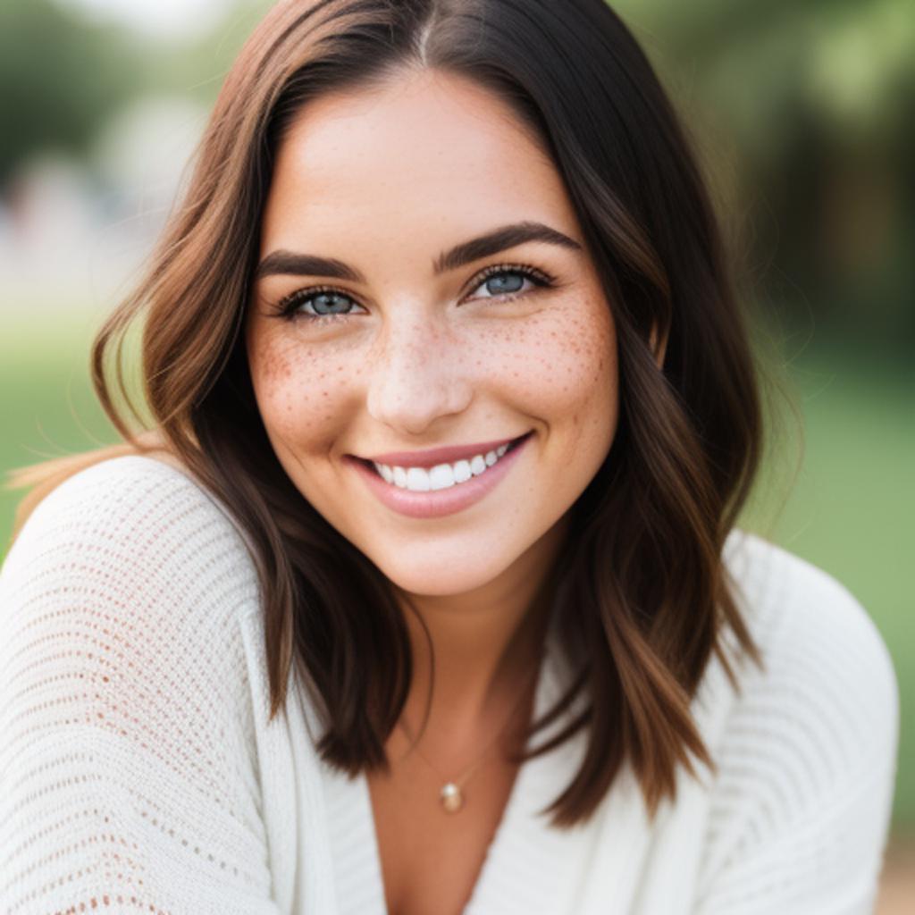 This captivating portrait depicts a delightful lady with charming freckles, gazing cheerfully at the camera, all brought to life by the innovative technology of