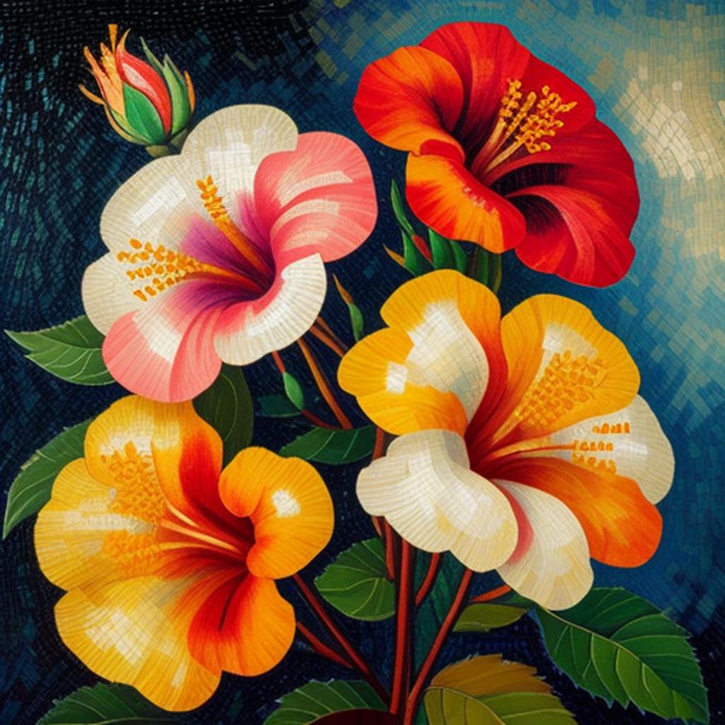 "mosaic art of malaysia's national flower, the hibiscus, captured in stunning detail by @mlwingnkf's artwork generated by ai
