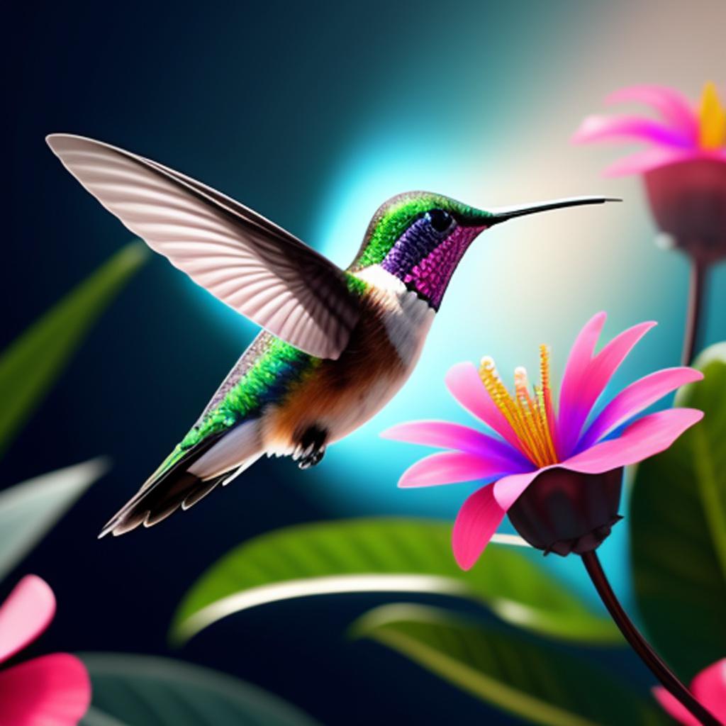 Experience the breathtaking beauty of a hummingbird in flight against a tropical backdrop captured by @ai_generated. Dazzling colors and agile movements come together in