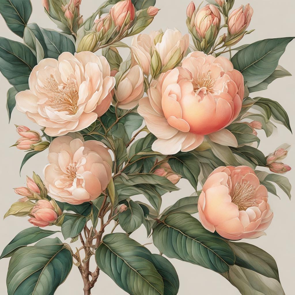 Botanical art, peachtree theme, by @ai_generated