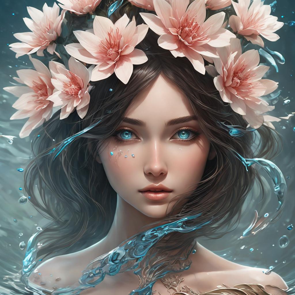 Woman water flowers head, by @ai_generated