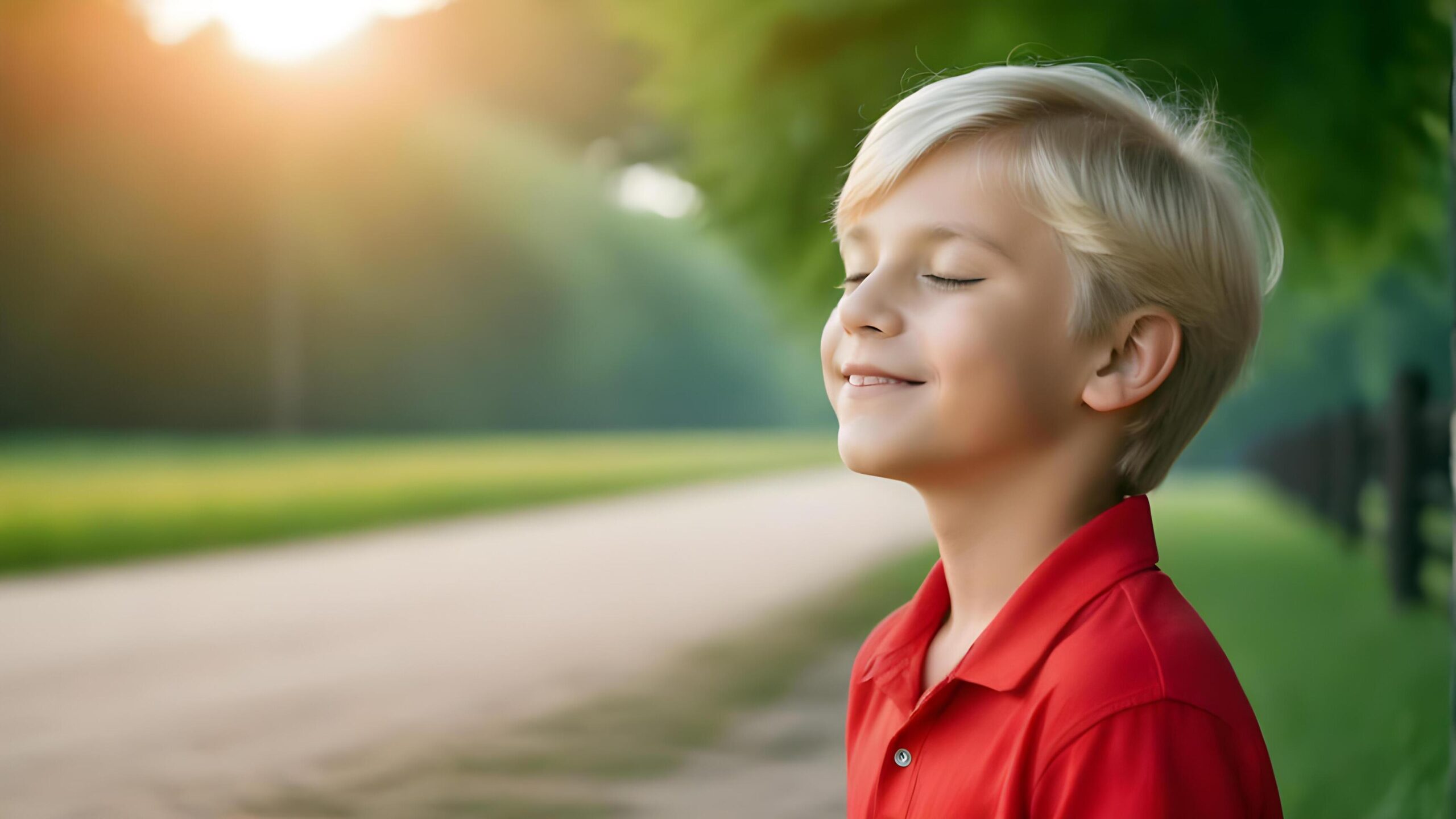 A-boy-in-red-shirt-smiles-in-the-sun-generated-ai-free-photo