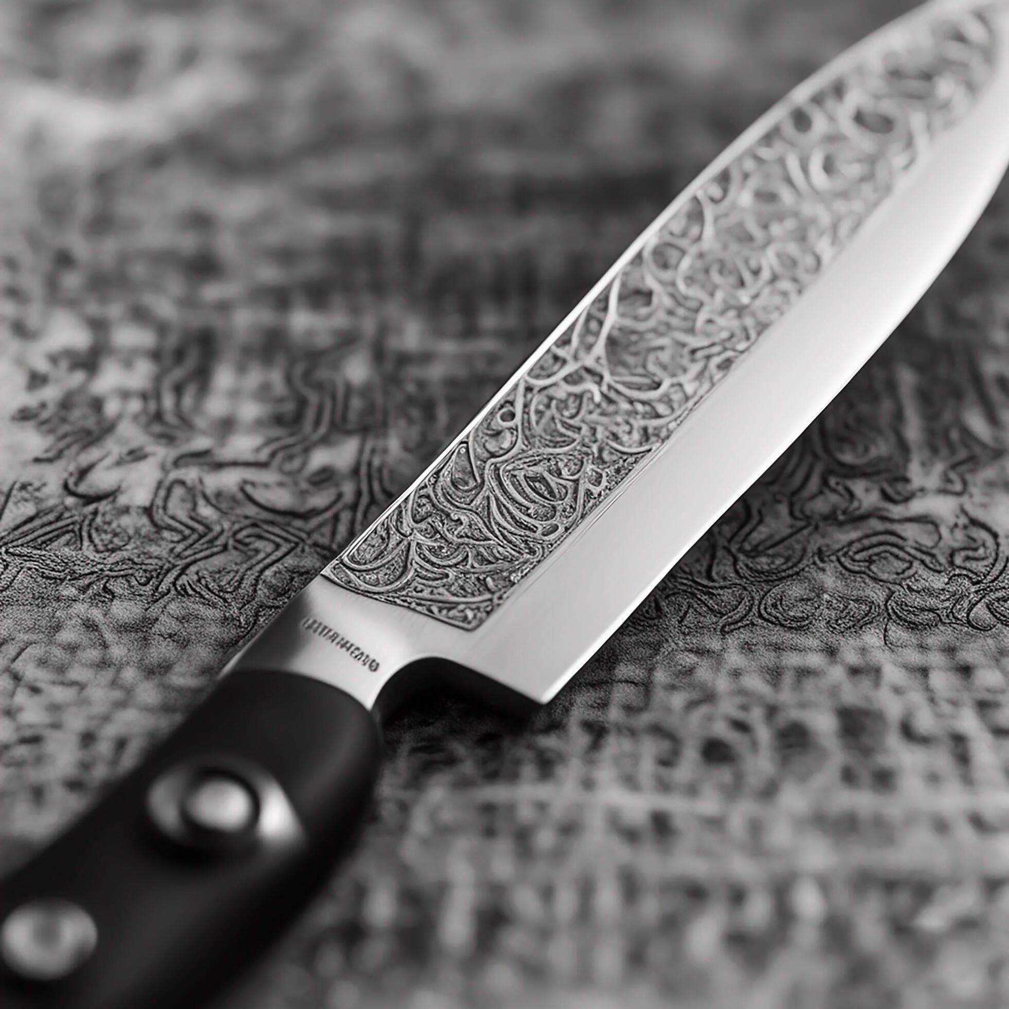 A-close-upgraph-of-a-chef-s-knife-highlighting-its-sharp-edge-and-intricate-blade-patterns-captured-with-macrography-showcasing-the-artistry-of-culinary-tools-ai-generated-free-photo