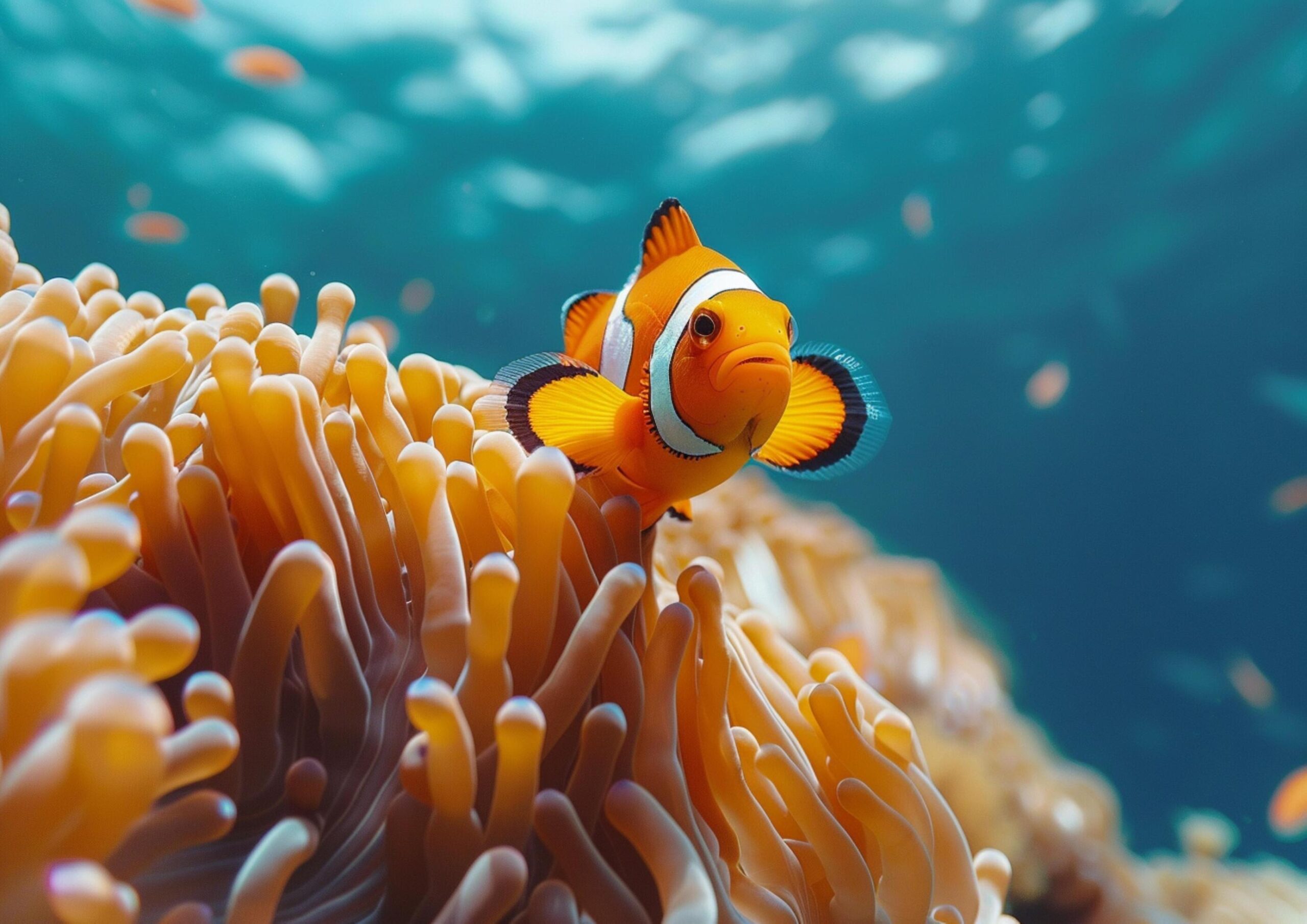 A-colorful-clownfish-with-orange-stripes-and-a-white-body-swims-next-to-a-vibrant-sea-anemone-with-pink-tentacles-generated-by-ai-free-photo