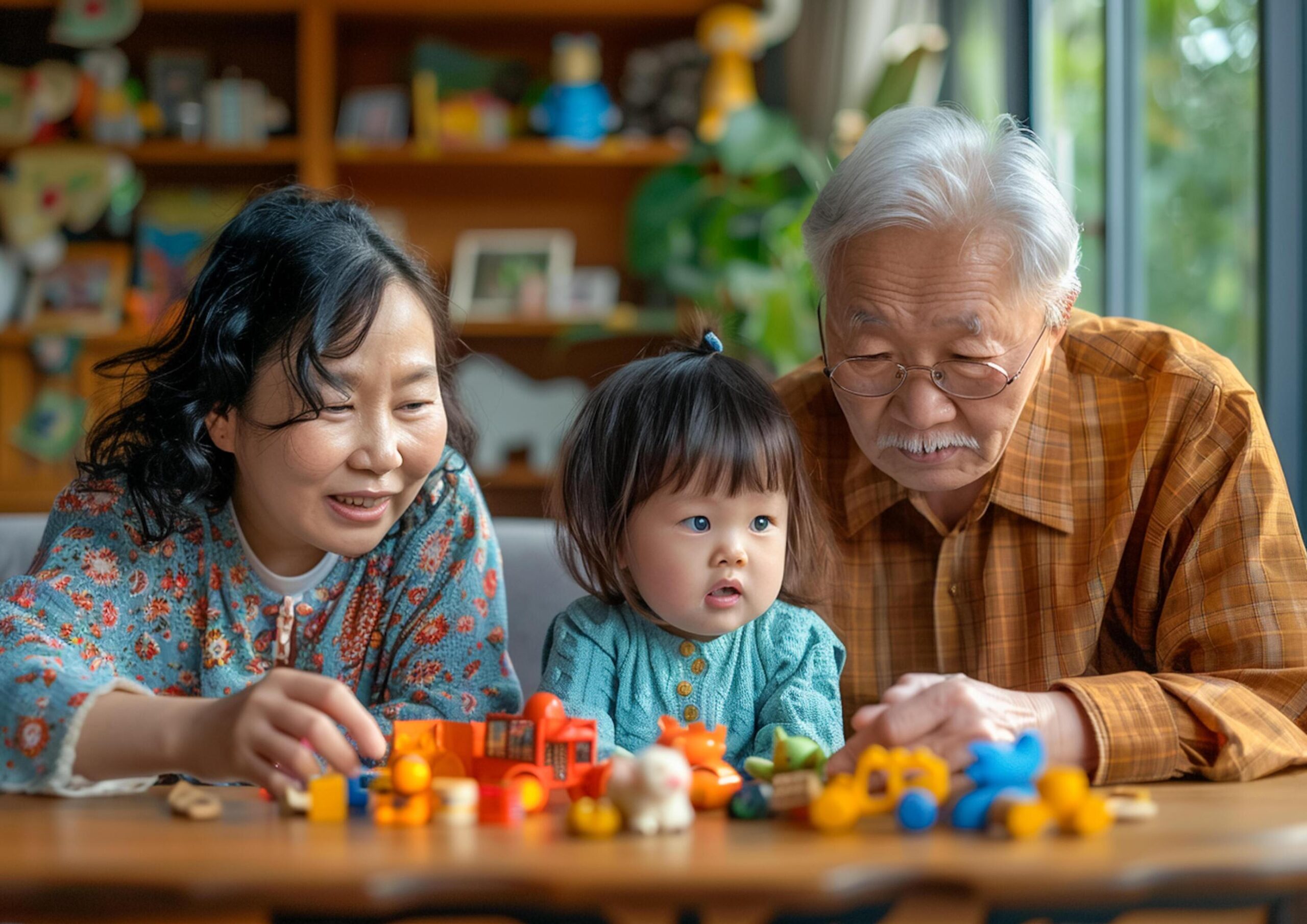 A-little-girl-is-playing-with-her-grandparents-in-the-living-room-generated-by-ai-free-photo