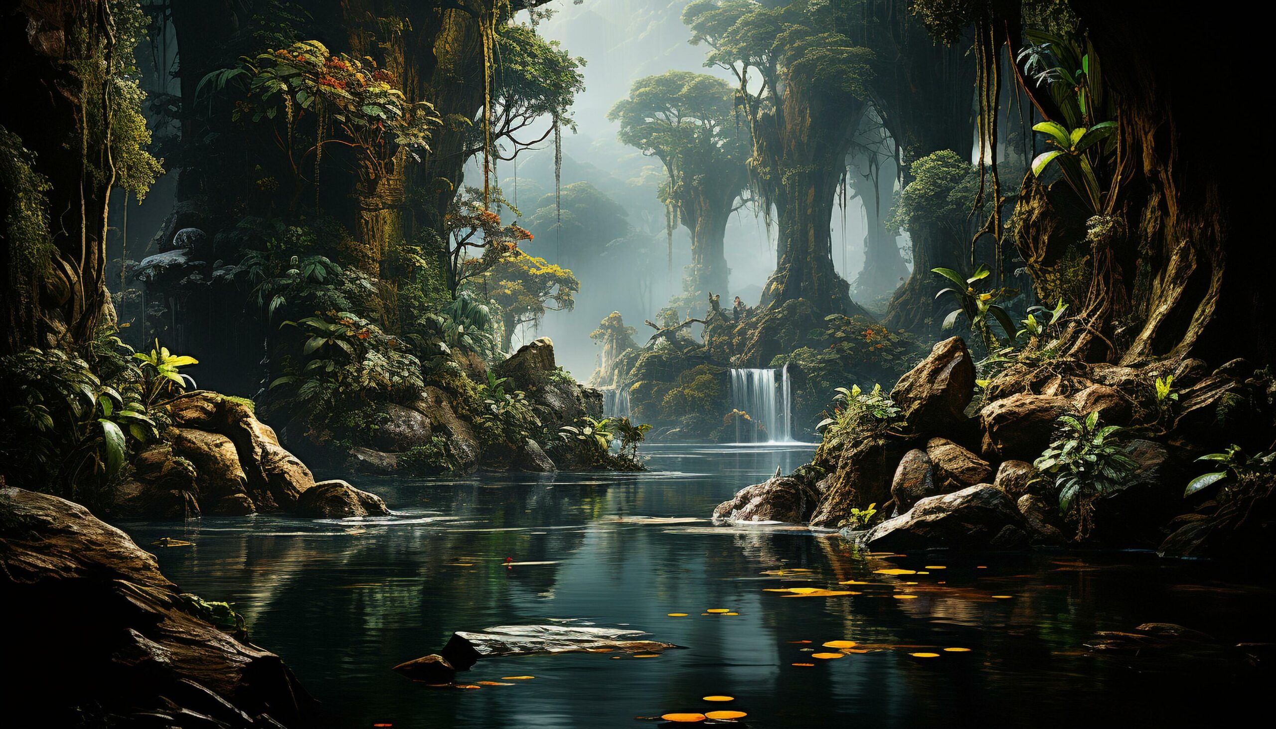 A-tranquil-scene-of-a-dark-forest-with-flowing-water-generated-by-ai-free-photo