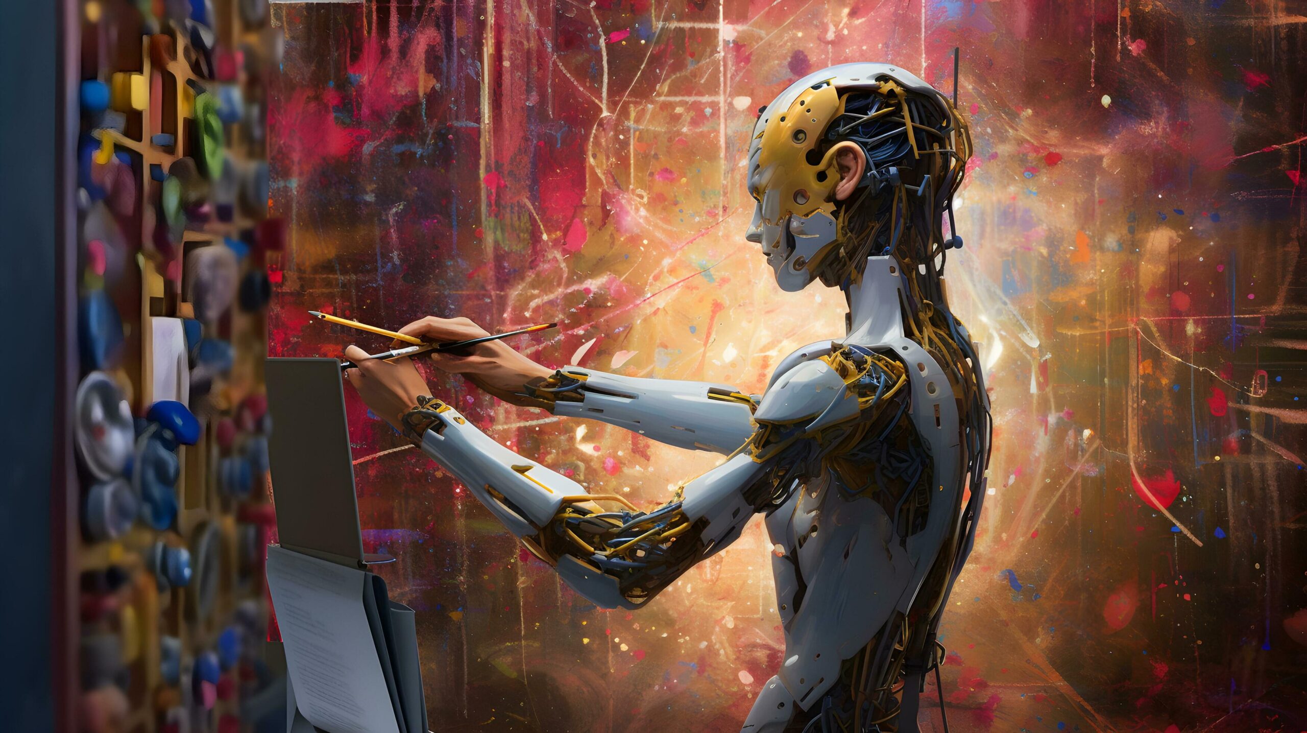 Ai-artificial-intelligence-humanoid-painting-on-canvas-ai-art-generator-technology-concept-generative-ai-illustration-free-photo