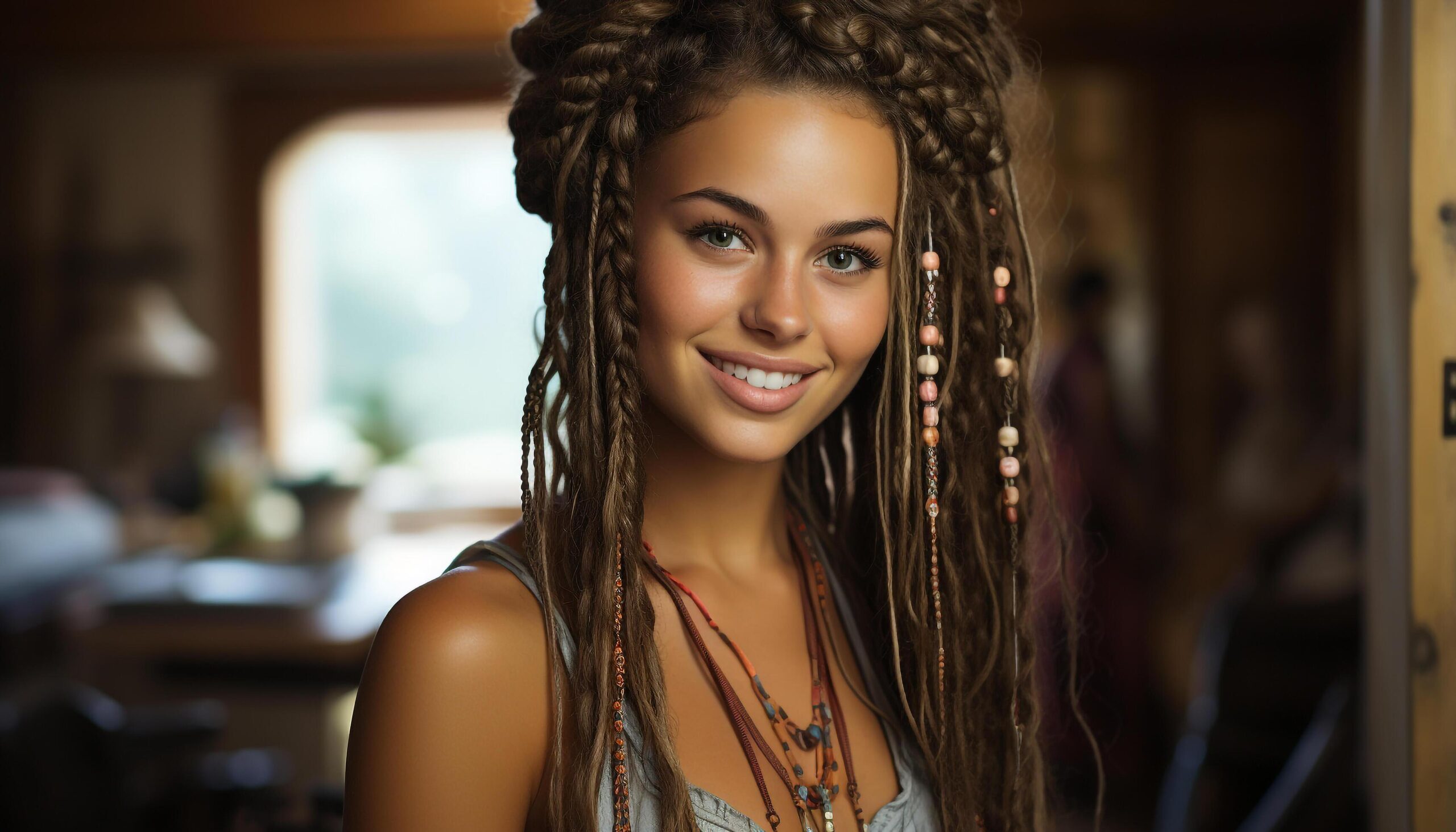 Ai-generated-a-beautiful-woman-smiling-looking-at-camera-indoors-confident-generated-by-ai-free-photo