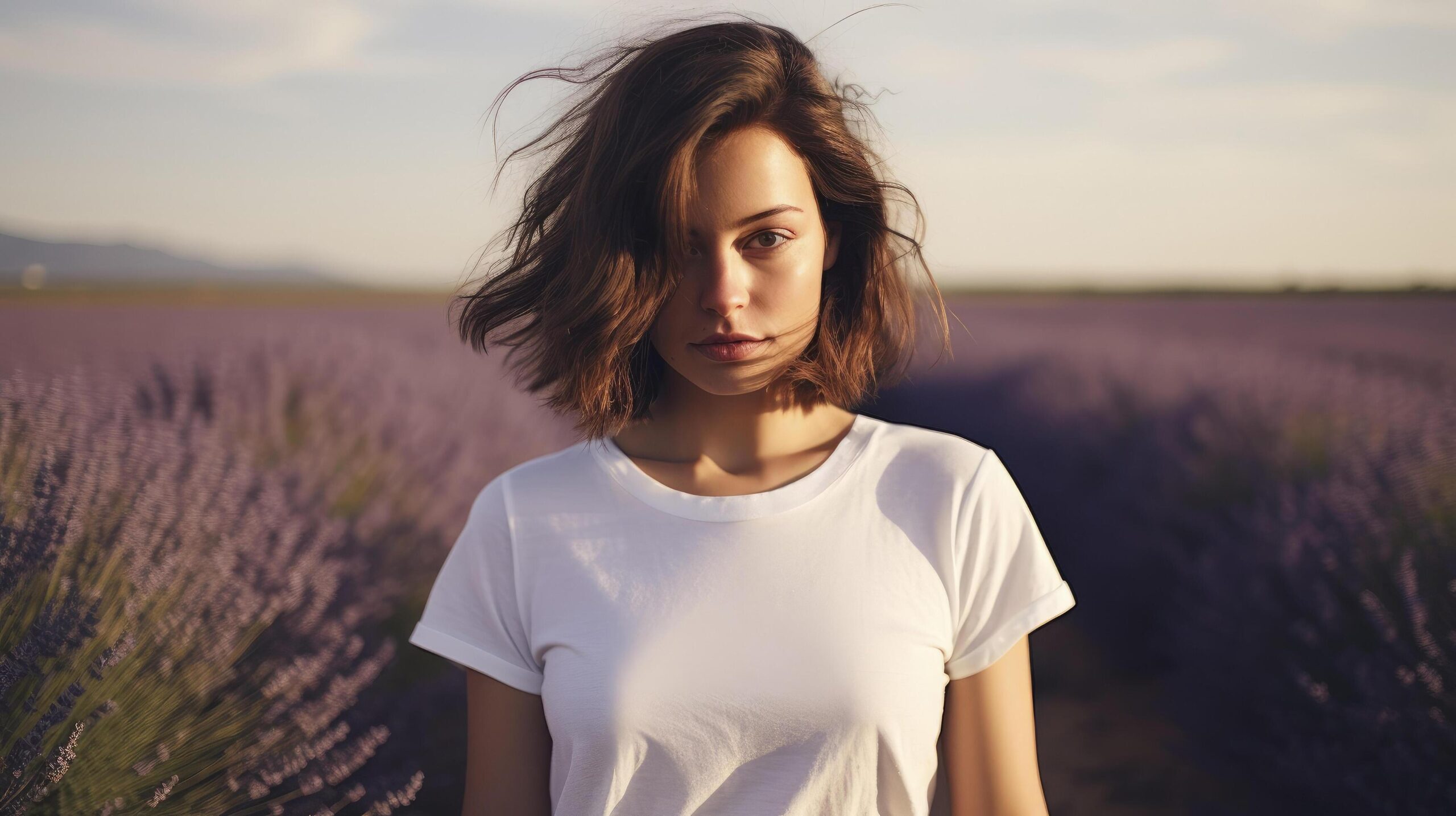 Ai-generated-a-brunette-girl-with-a-short-haircut-in-a-white-t-shirt-poses-in-a-lavender-field-free-photo