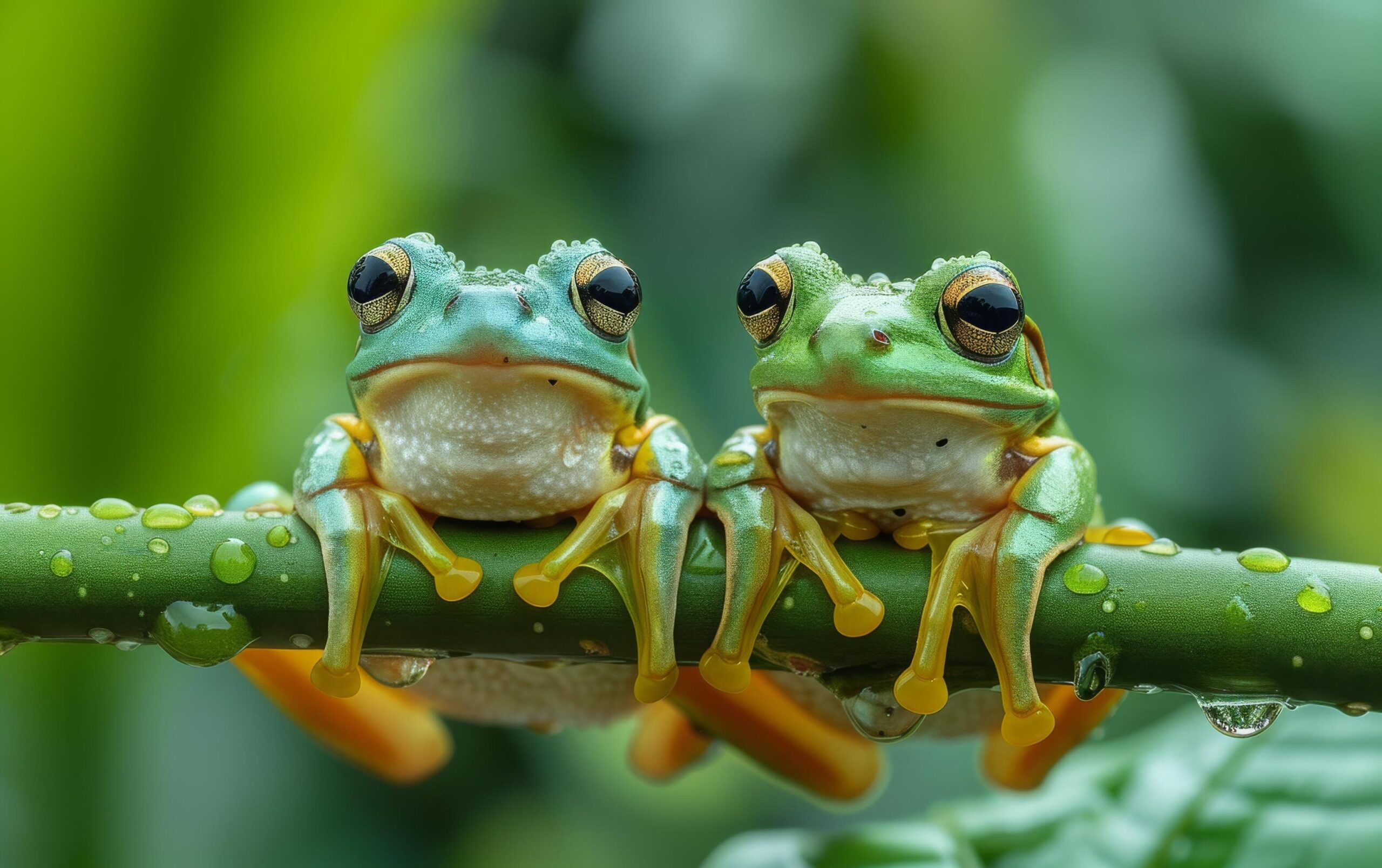 Ai-generated-a-captivating-close-up-of-two-green-frogs-mirroring-each-other-on-a-stem-free-photo