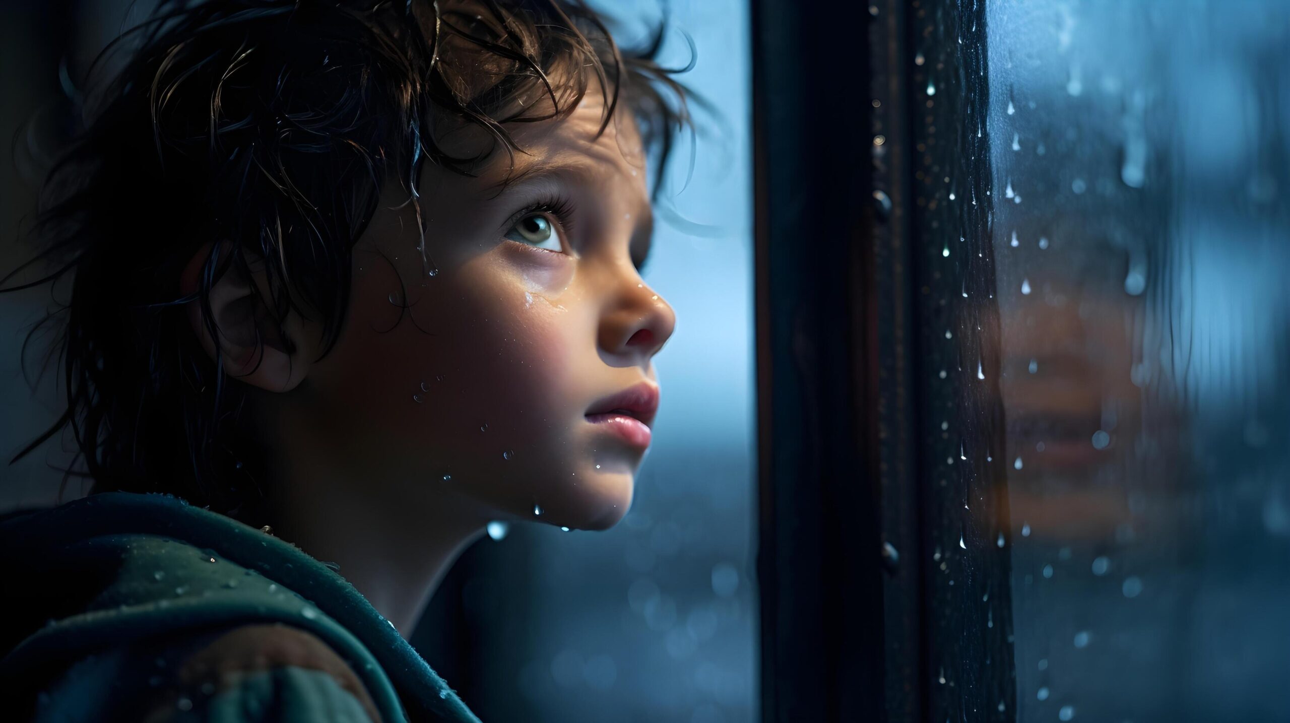 Ai-generated-a-child-gazes-out-from-a-rain-spattered-window-captivated-by-the-rhythmic-patterns-of-raindrops-ai-generated-free-photo
