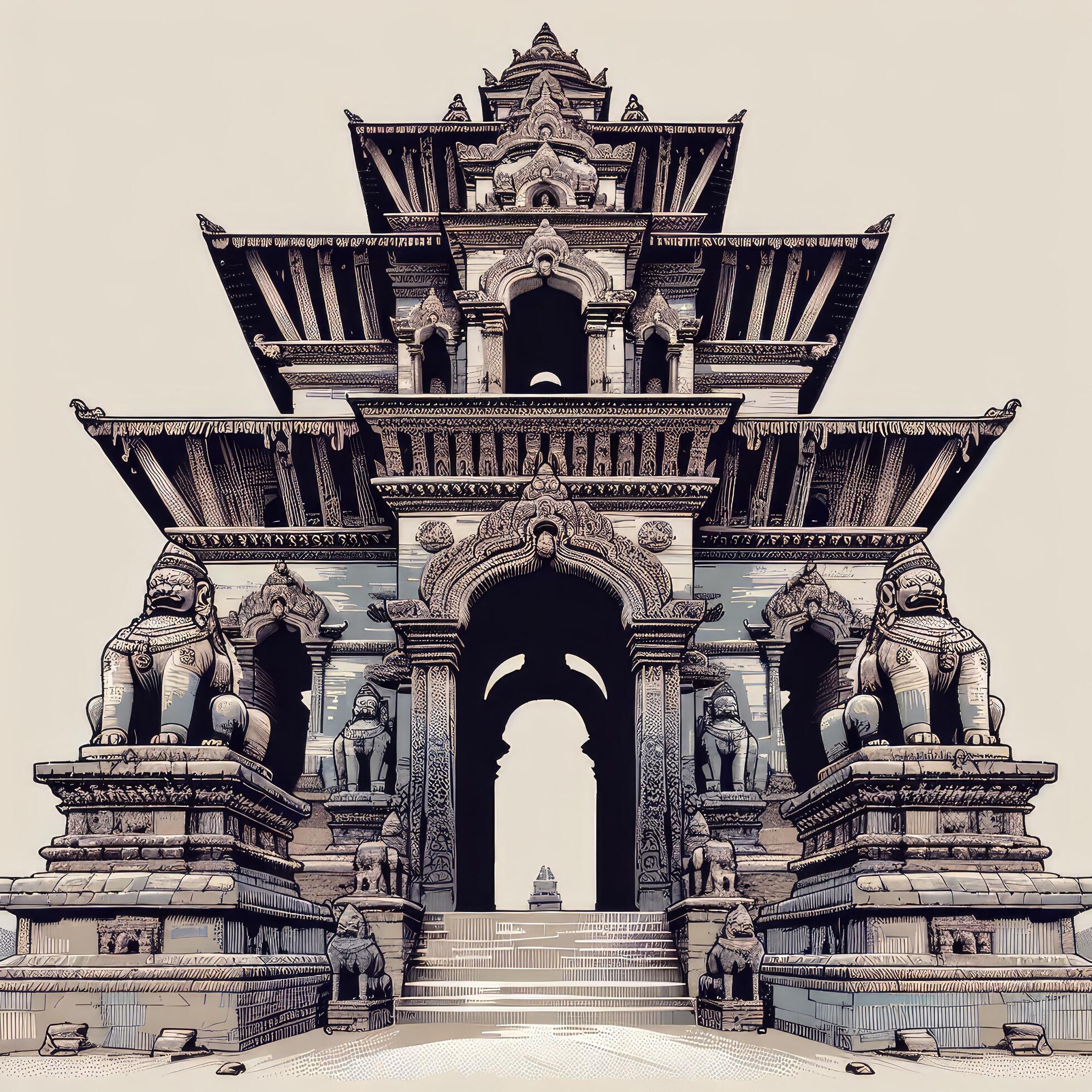 Ai-generated-a-close-up-depiction-of-a-weathered-stone-entrance-gate-to-a-nepali-temple-adorned-with-intricate-carvings-and-guardian-statues-free-photo