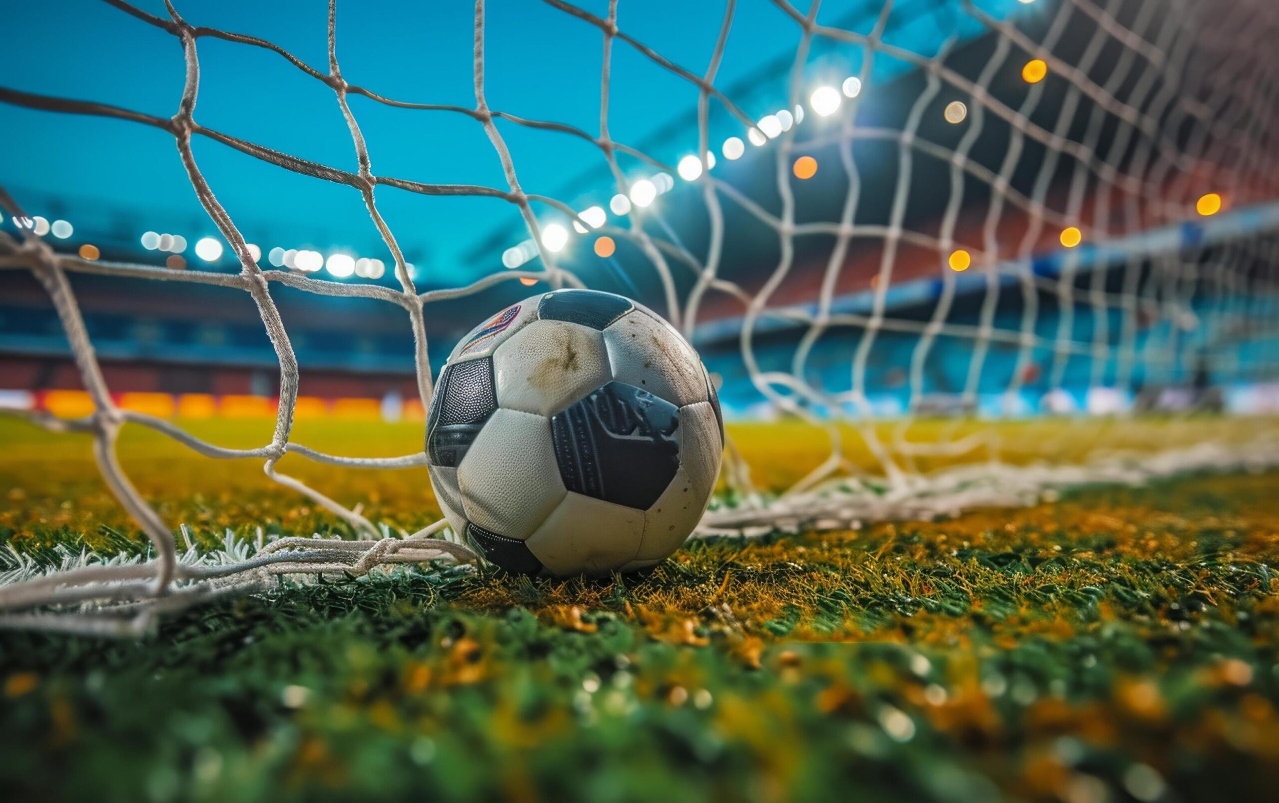 Ai-generated-a-close-up-view-of-a-worn-soccer-ball-nestled-in-the-goal-net-free-photo
