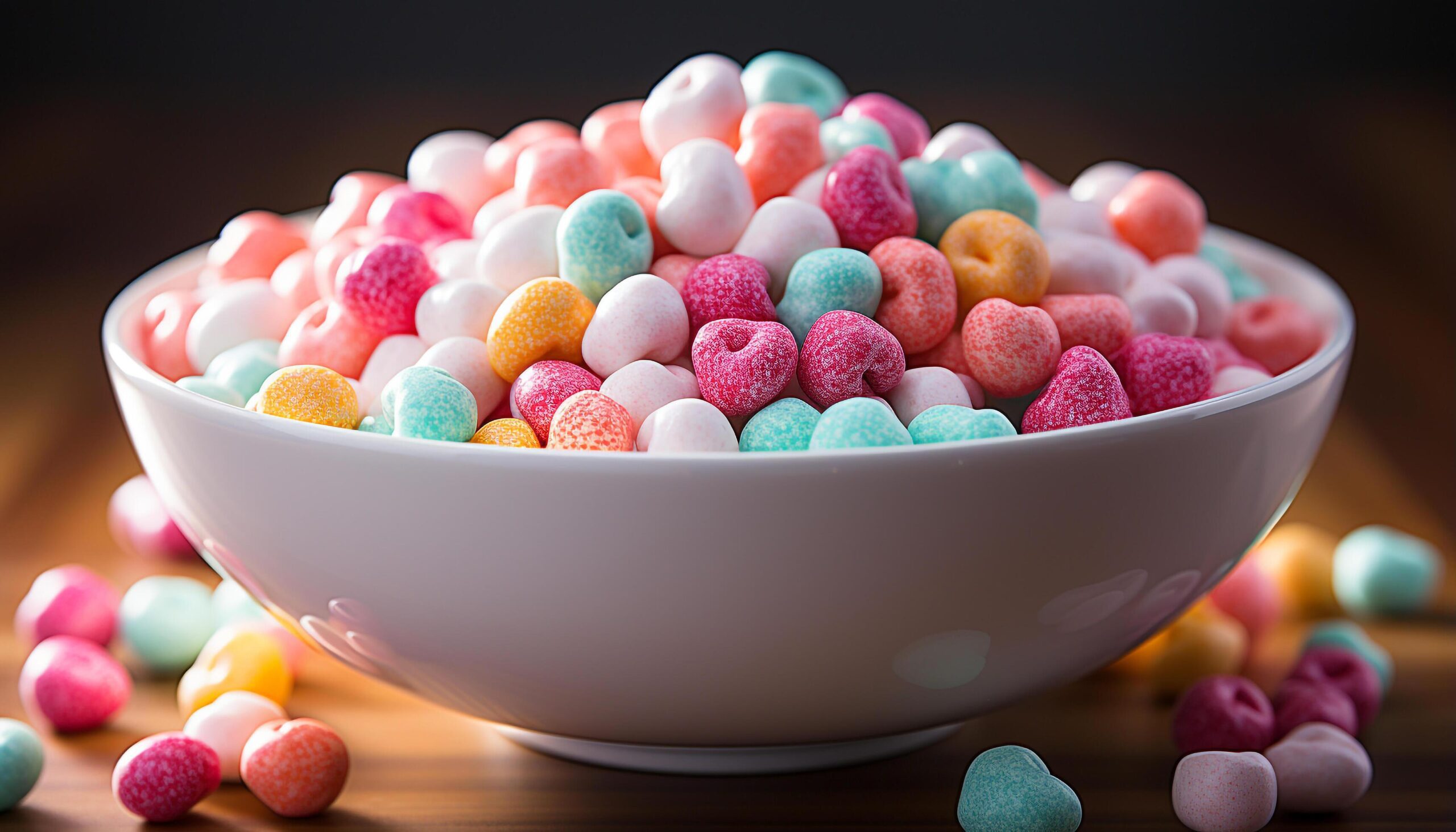 Ai-generated-a-colorful-bowl-of-sweet-treats-on-a-wooden-table-generated-by-ai-free-photo