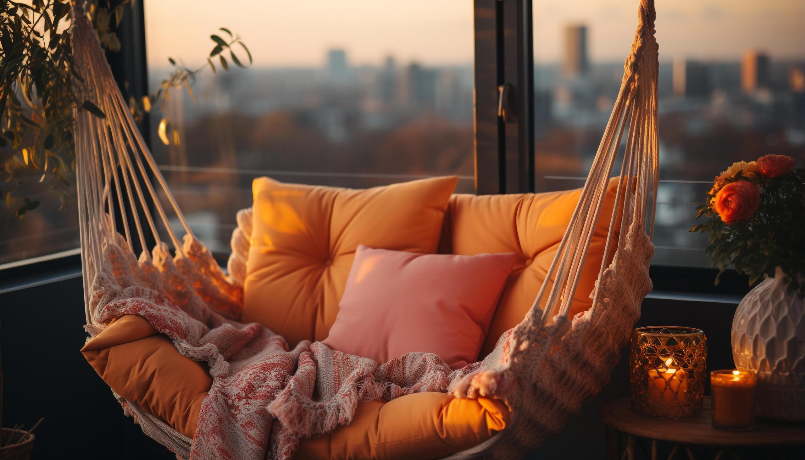 Ai-generated-a-cozy-autumn-evening-one-person-resting-on-a-comfortable-sofa-enjoying-nature-through-the-window-generated-by-ai-free-photo