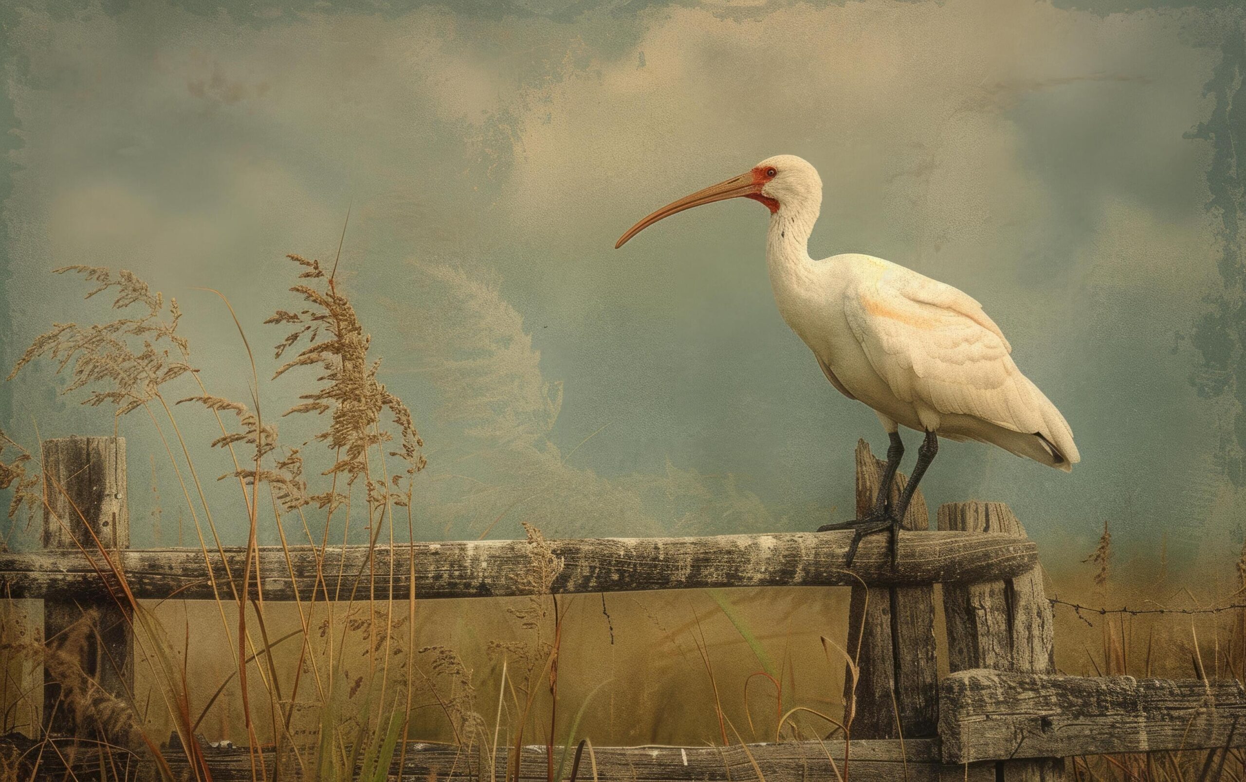 Ai-generated-a-detailed-shot-of-an-exquisite-white-ibis-standing-on-a-frayed-wooden-barrier-free-photo