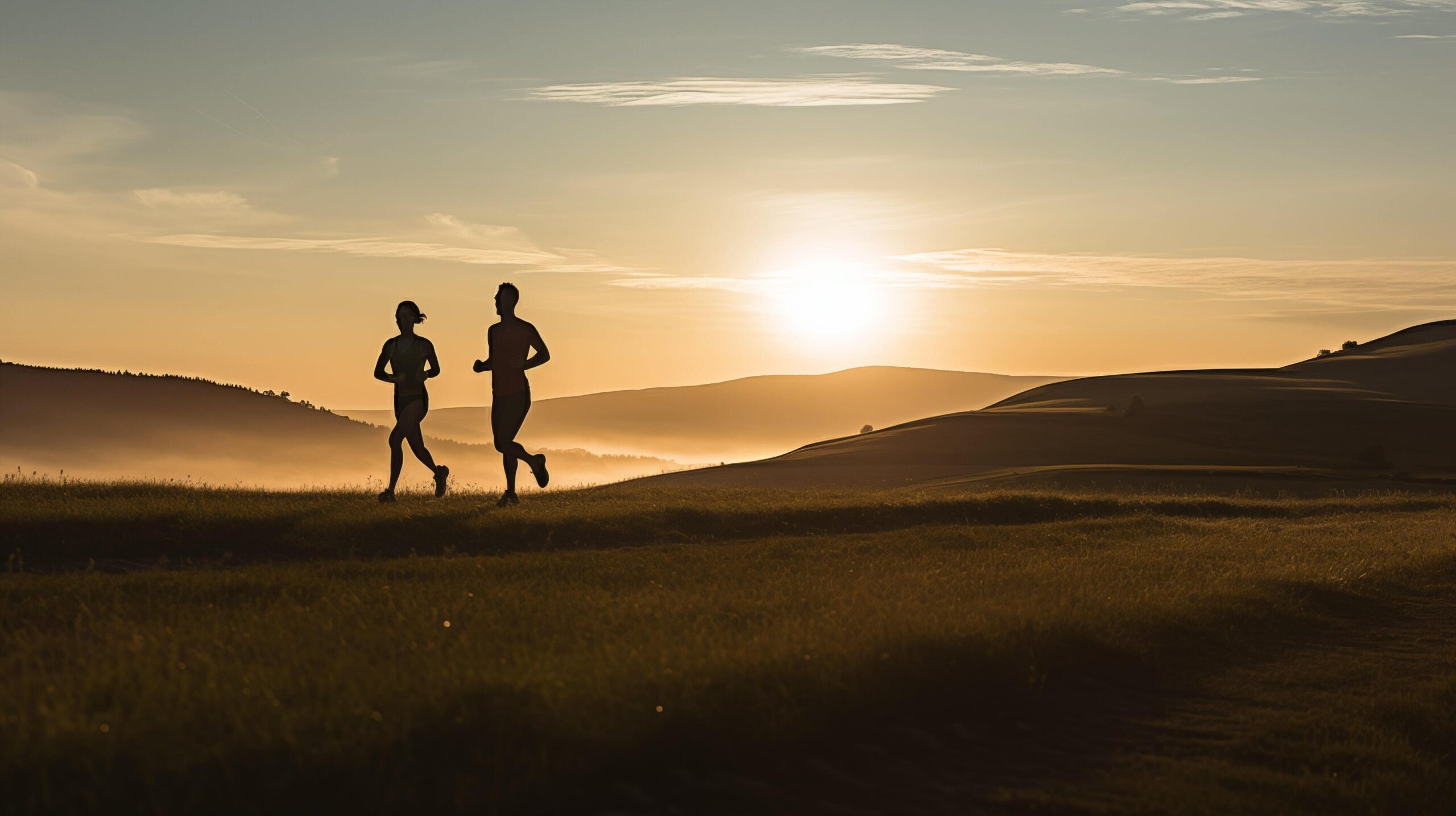 Ai-generated-a-dynamic-scene-unfolds-as-a-couple-of-athletes-dash-through-a-picturesque-natural-landscape-their-silhouettes-framed-against-the-backdrop-of-rolling-hills-and-open-sky-free-photo
