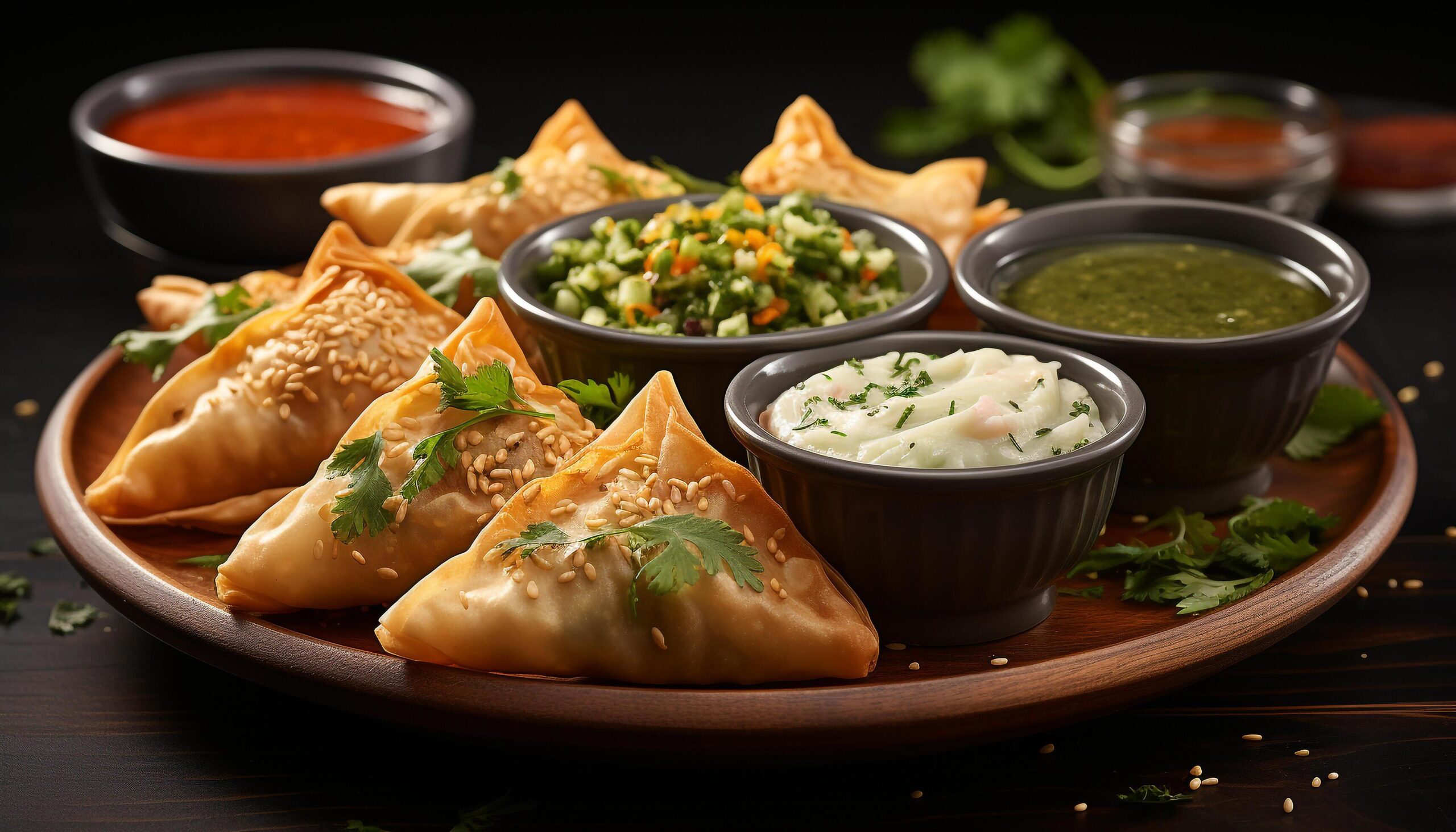 Ai-generated-a-gourmet-meal-fresh-meat-vegetable-guacamole-and-spicy-chutney-generated-by-ai-free-photo