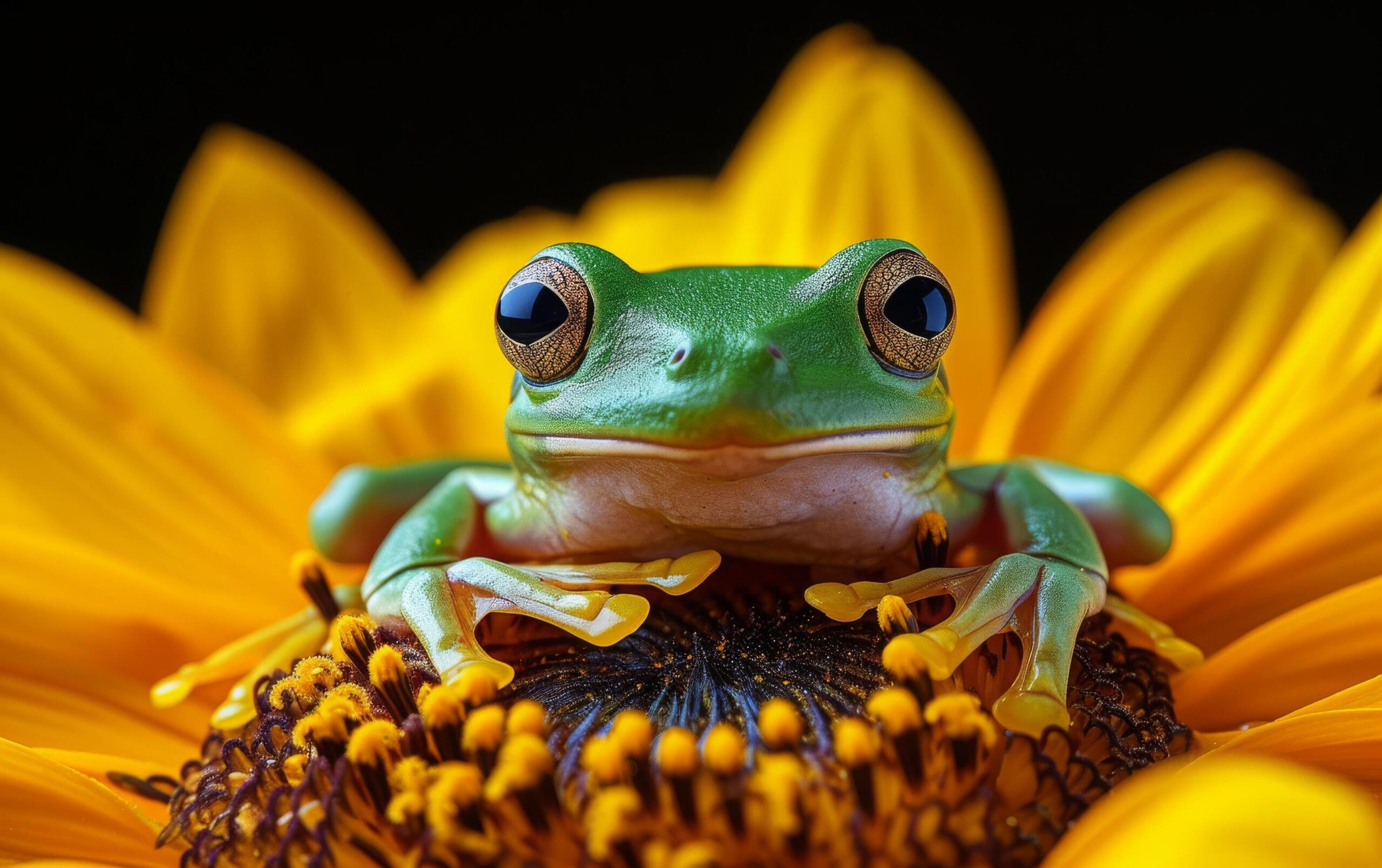 Ai-generated-a-green-tree-frog-perches-on-the-rich-brown-center-of-a-bright-yellow-sunflower-free-photo