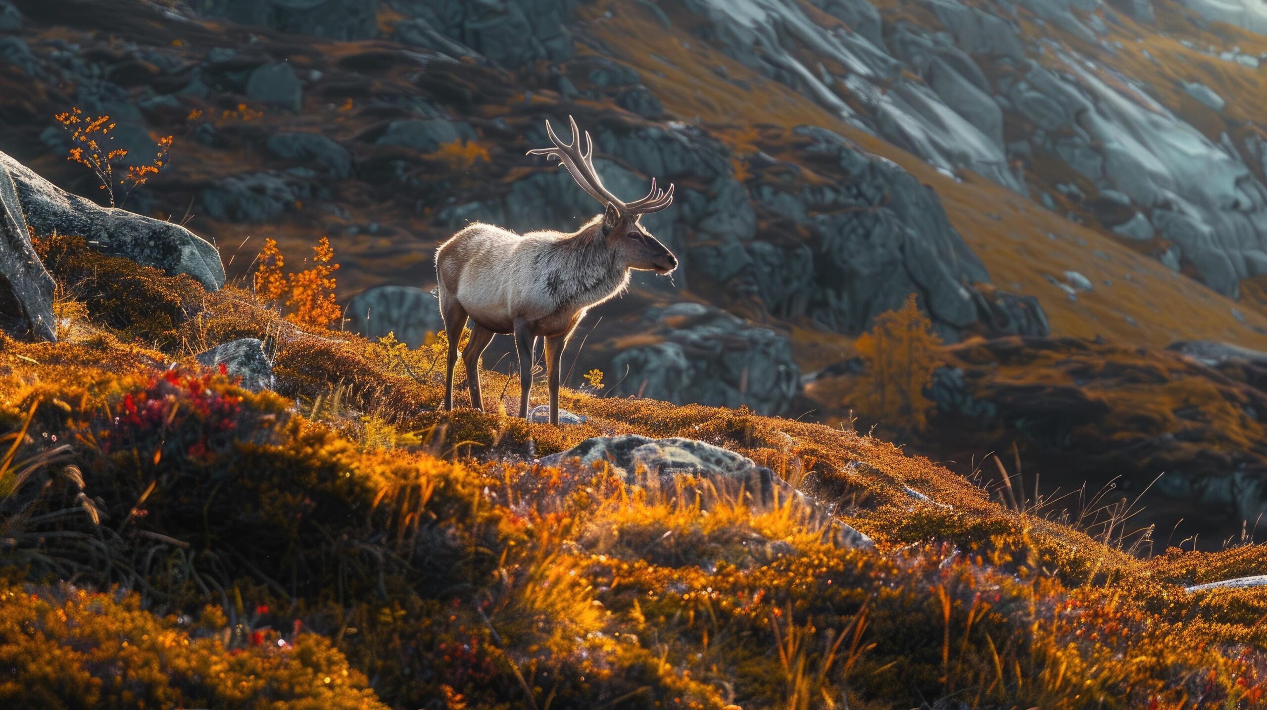 Ai-generated-a-majestic-deer-stands-on-a-ridge-with-the-golden-light-of-sunset-highlighting-the-autumn-foliage-free-photo