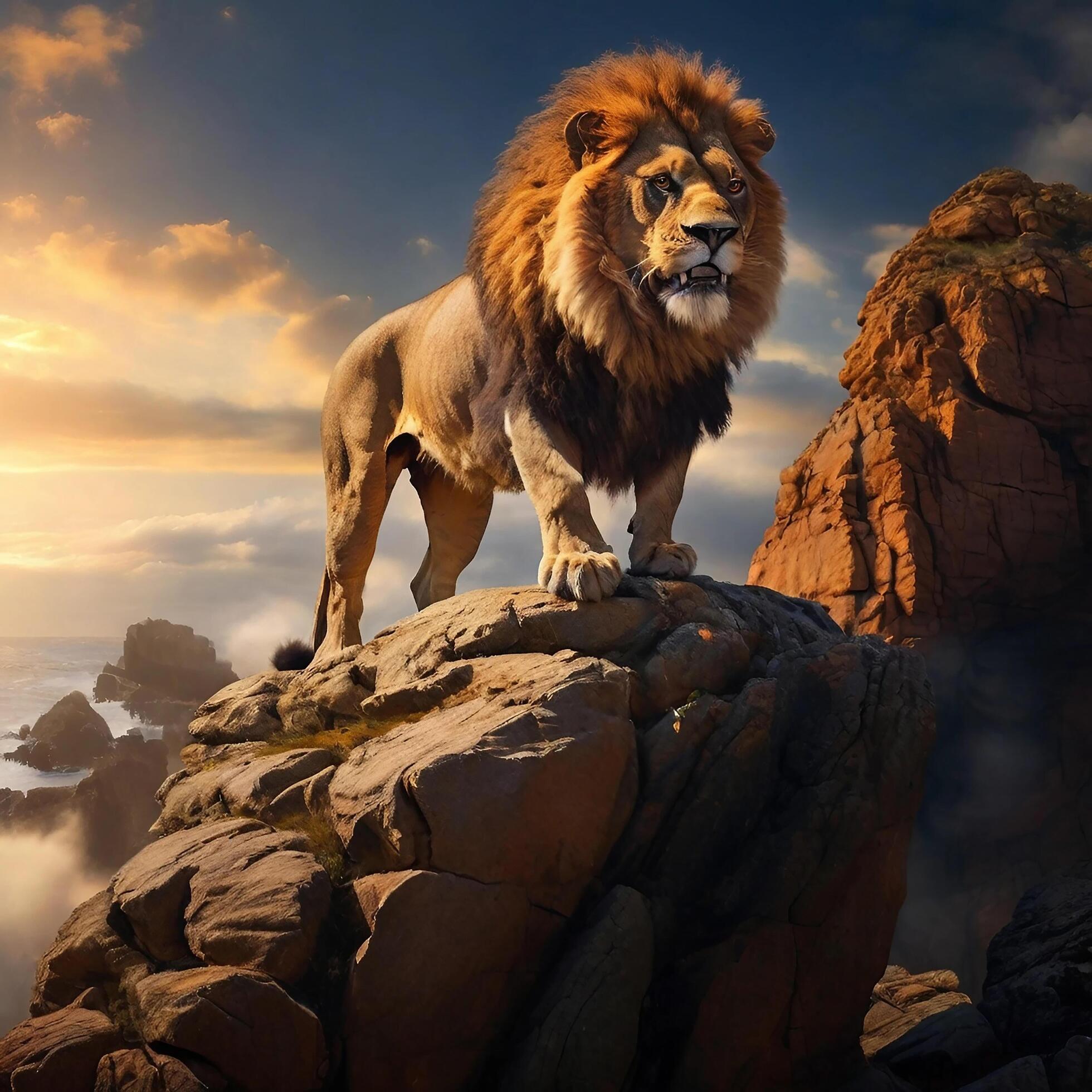 Ai-generated-a-majestic-lion-with-a-fiery-mane-roaring-fiercely-as-it-stands-atop-a-rocky-cliff-ai-generated-free-photo