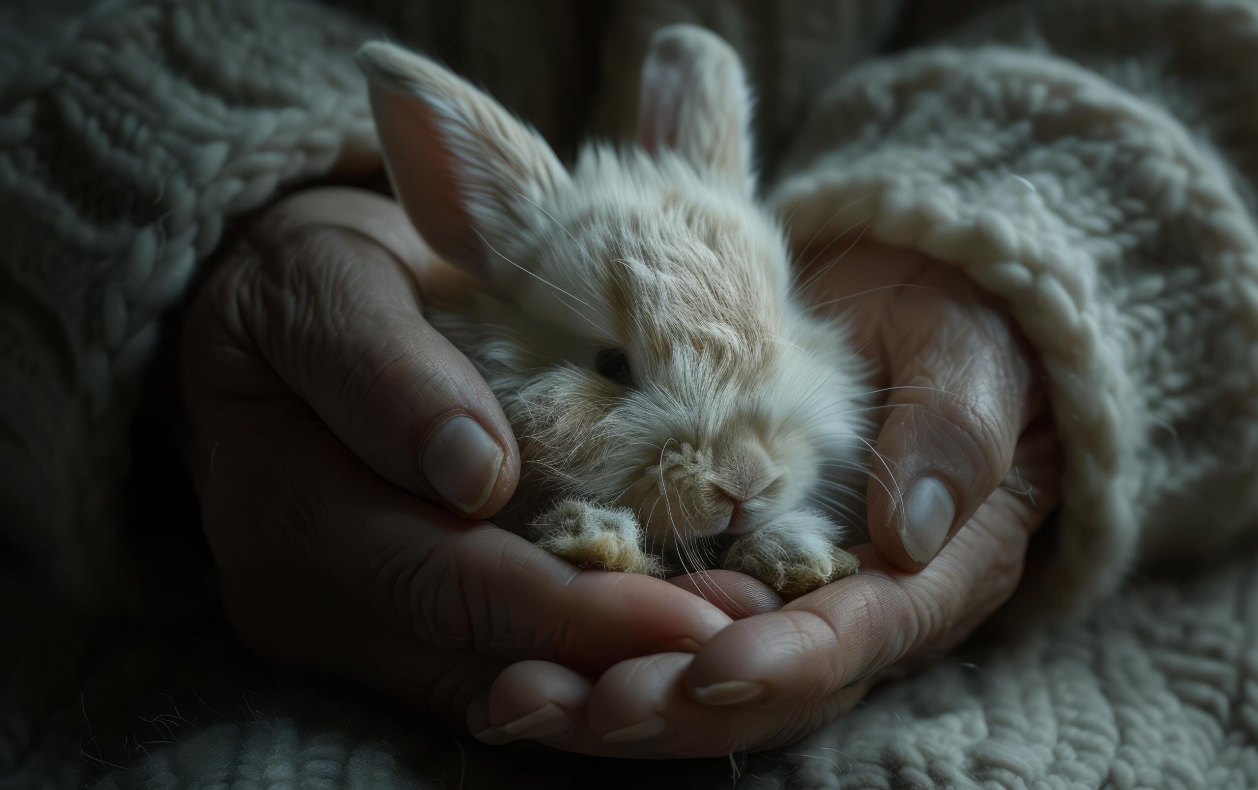 Ai-generated-a-newborn-rabbit-soft-and-serene-lies-comfortably-in-the-gentle-embrace-of-caring-hands-free-photo