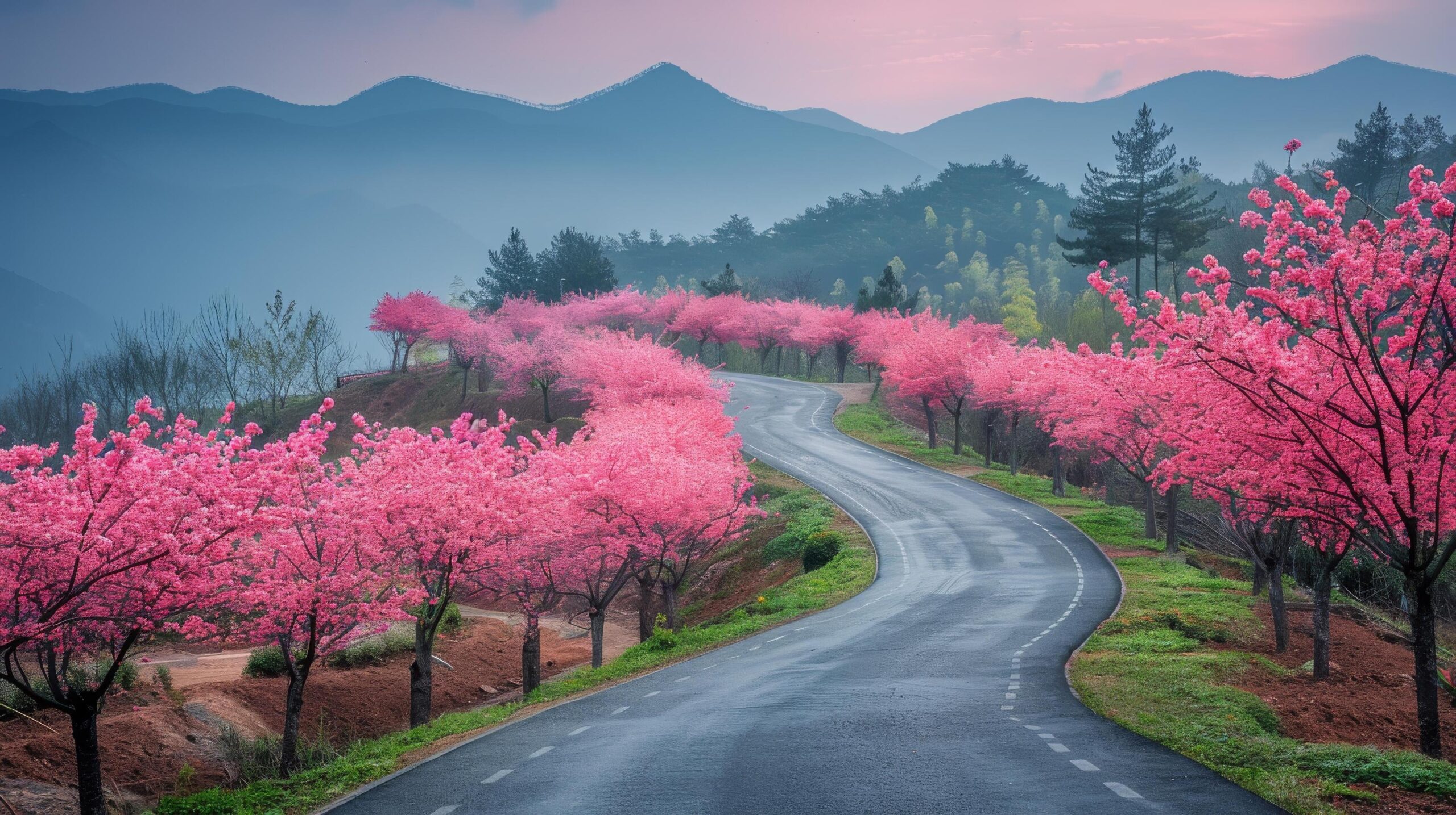 Ai-generated-a-painting-of-a-road-with-pink-flowers-free-photo