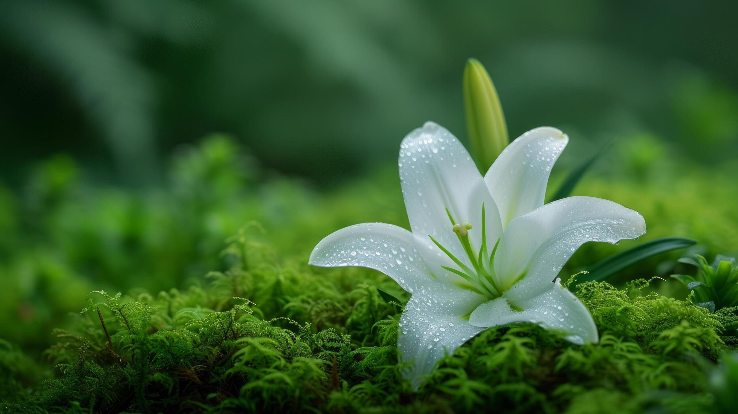 Ai-generated-a-pristine-white-lily-emerging-from-a-bed-of-emerald-moss-free-photo
