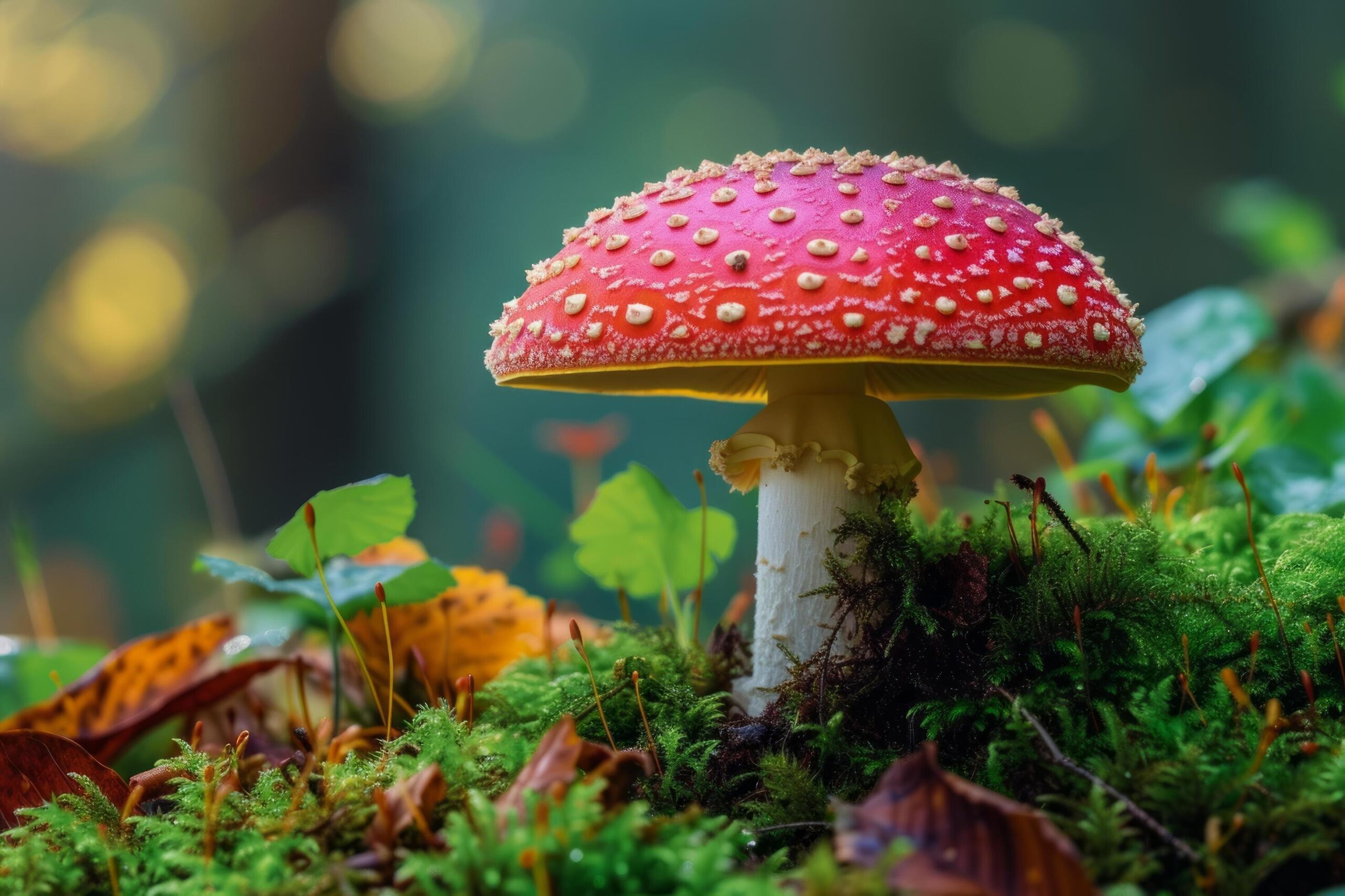 Ai-generated-a-red-mushroom-sits-under-the-moss-of-the-forest-free-photo