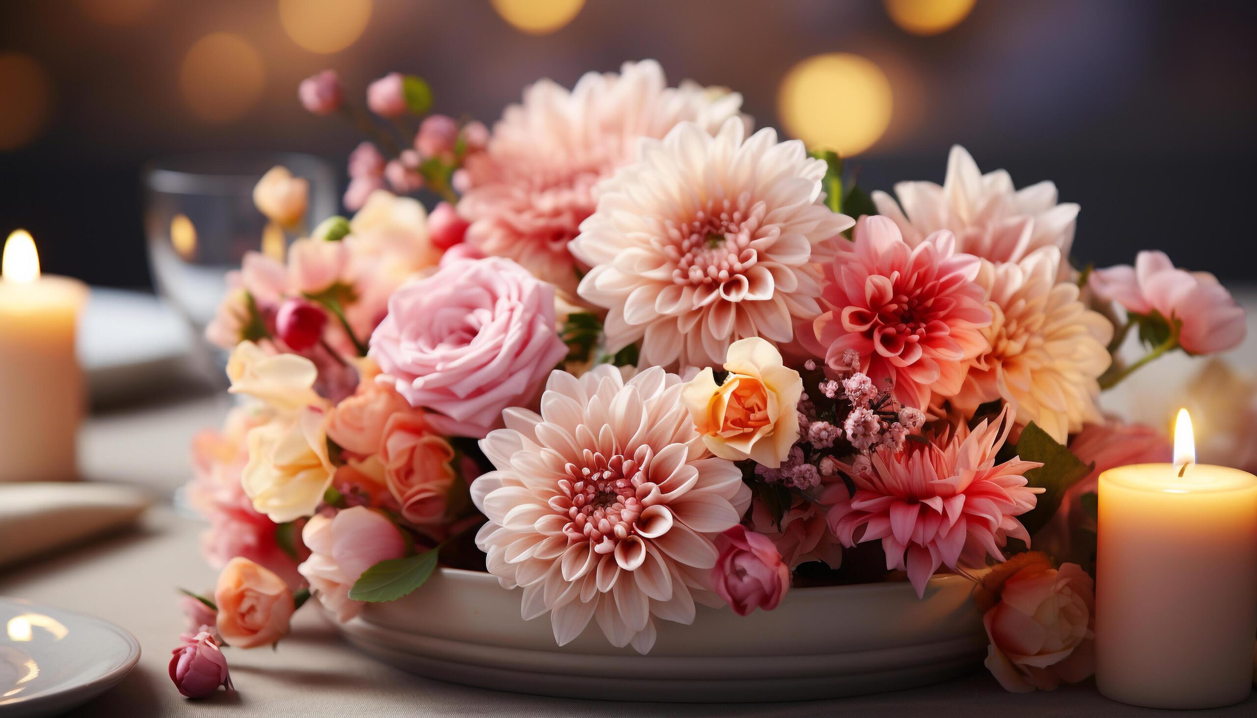 Ai-generated-a-romantic-table-decor-candlelight-flower-arrangement-elegance-and-love-generated-by-ai-free-photo