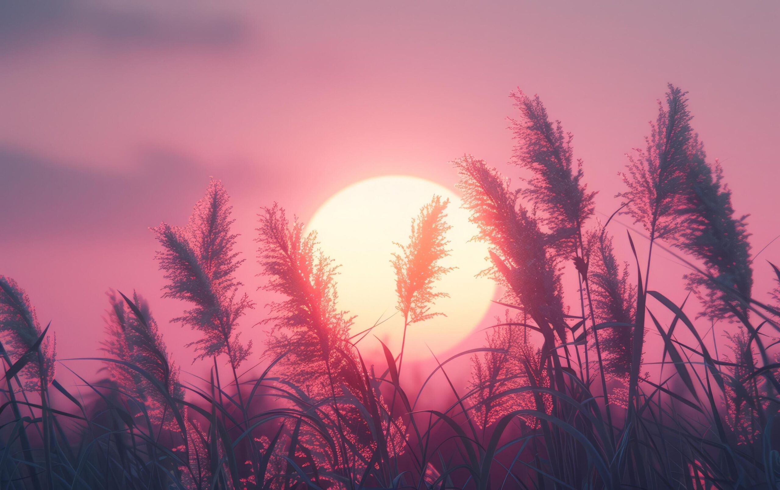 Ai-generated-a-serene-sunset-bathed-in-pastel-hues-forms-the-perfect-backdrop-for-the-delicate-dance-of-reeds-swaying-in-a-gentle-breeze-free-photo