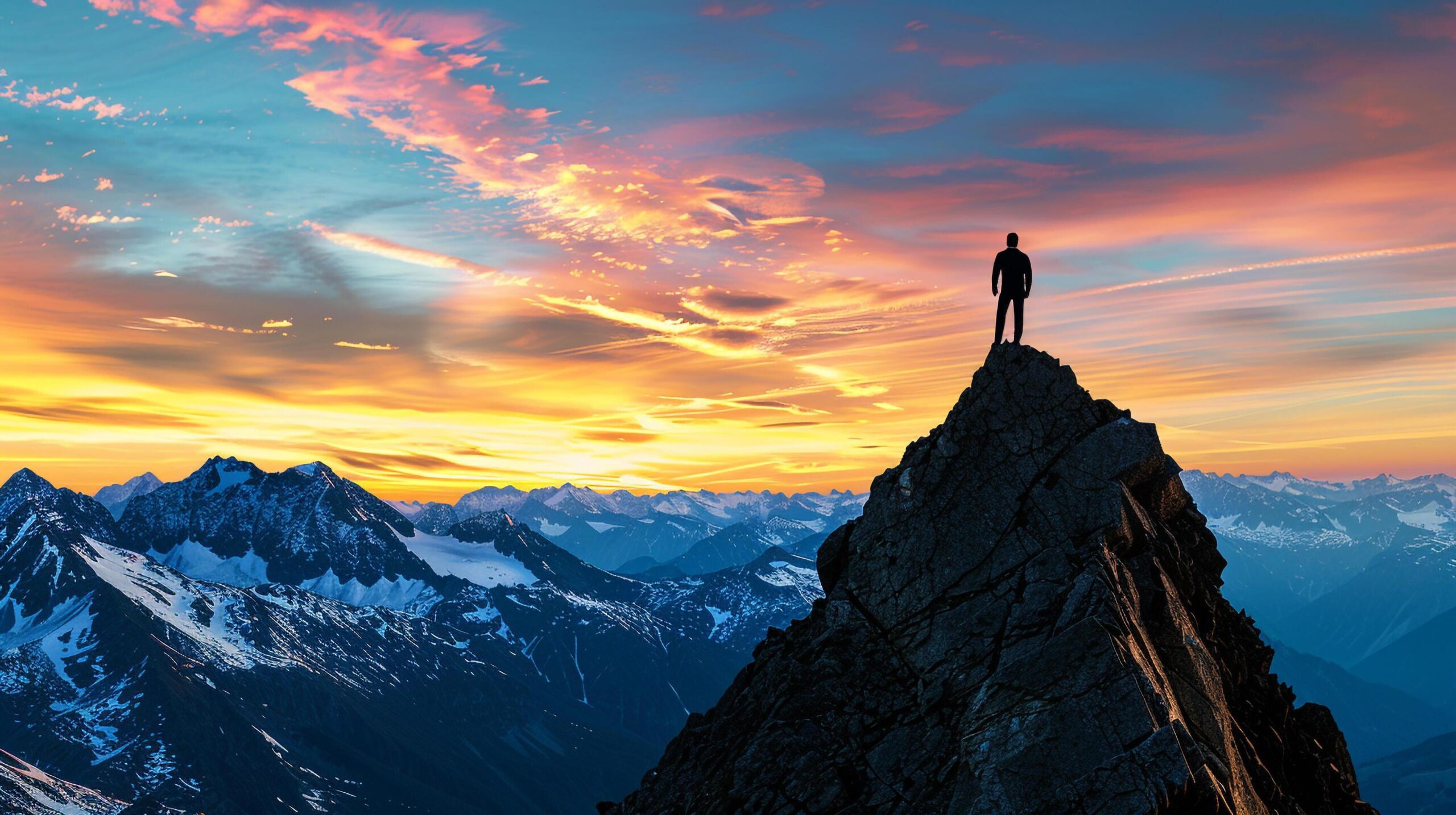 Ai-generated-a-silhouette-of-a-person-standing-on-top-of-a-mountain-peak-looking-out-at-a-sunset-symbolizing-reaching-business-goals-free-photo