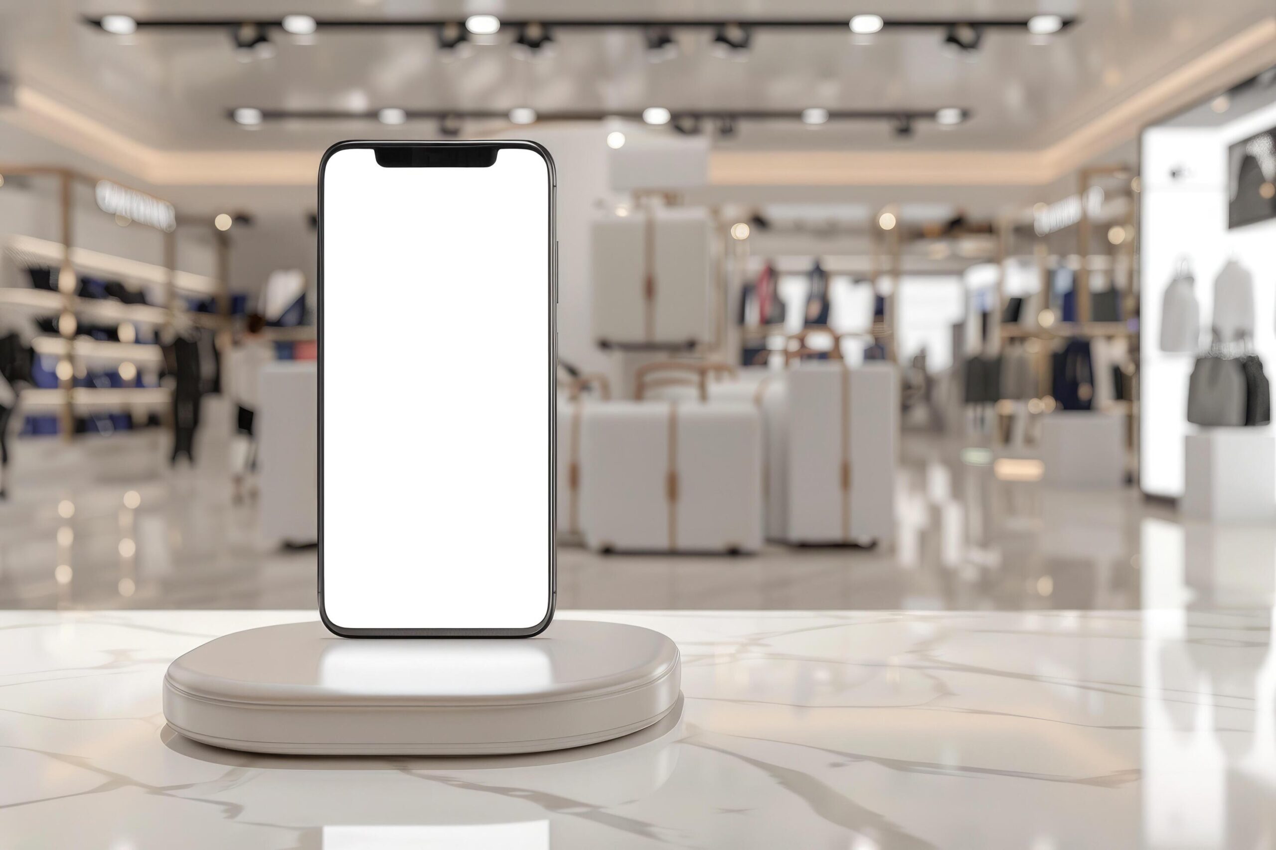 Ai-generated-a-smartphone-with-a-blank-screen-perched-on-a-round-pedestal-inside-a-spacious-and-elegant-retail-shop-free-photo