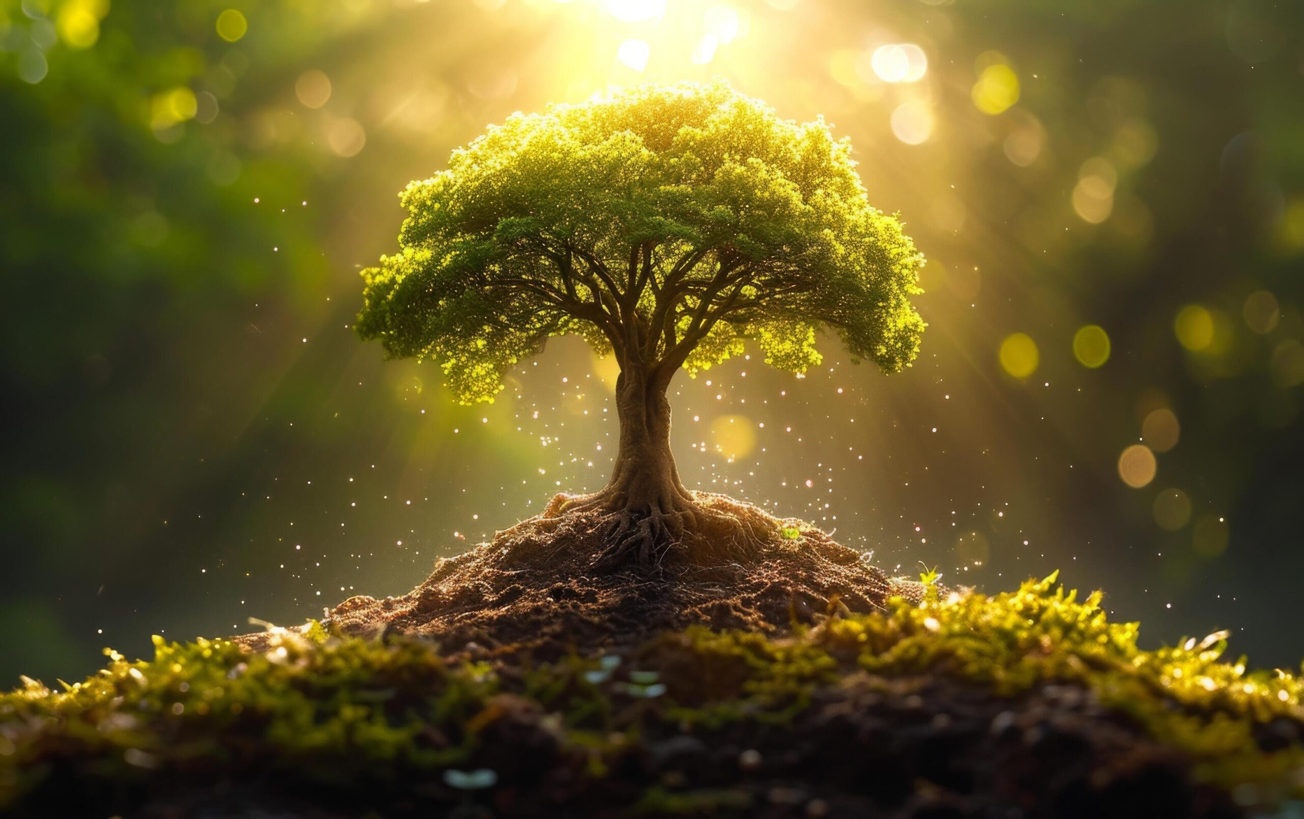 Ai-generated-a-solitary-tree-stands-on-a-small-hill-its-leaves-basking-in-the-ethereal-glow-of-sunlight-free-photo
