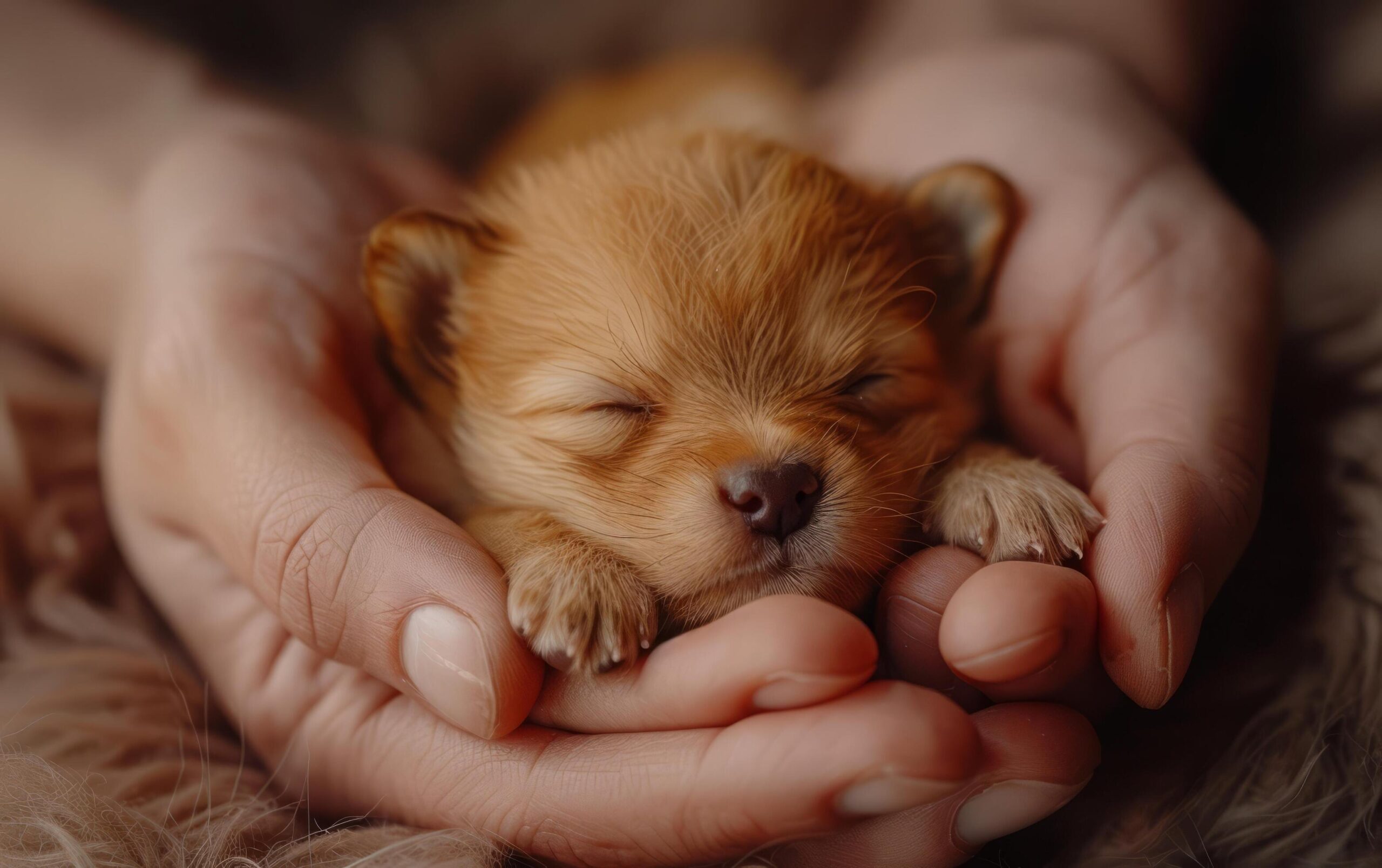 Ai-generated-a-tiny-newborn-puppy-sleeps-snugly-in-the-caring-cradle-of-human-hands-free-photo