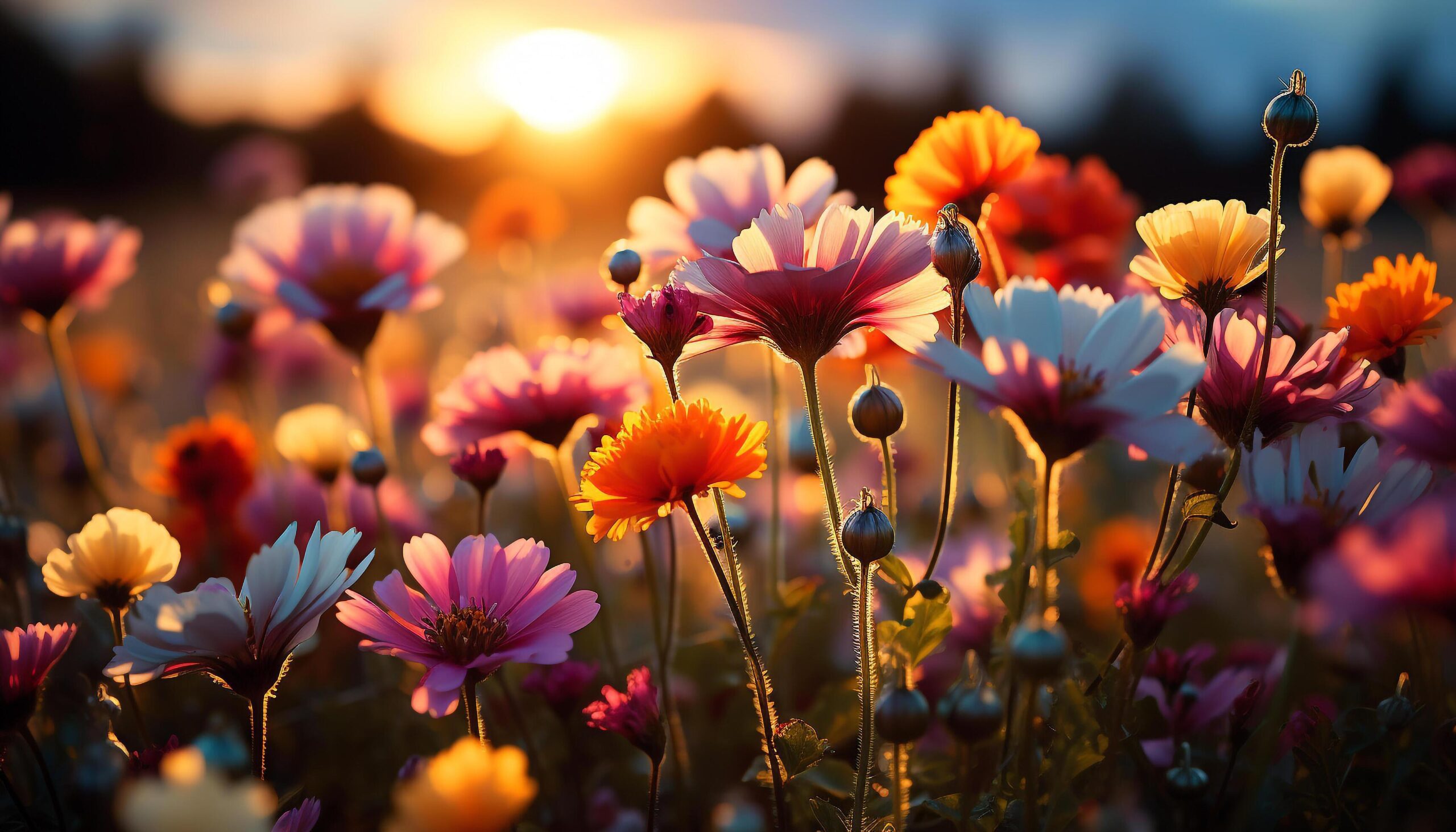 Ai-generated-a-vibrant-meadow-blossoms-with-colorful-flowers-at-sunset-generated-by-ai-free-photo