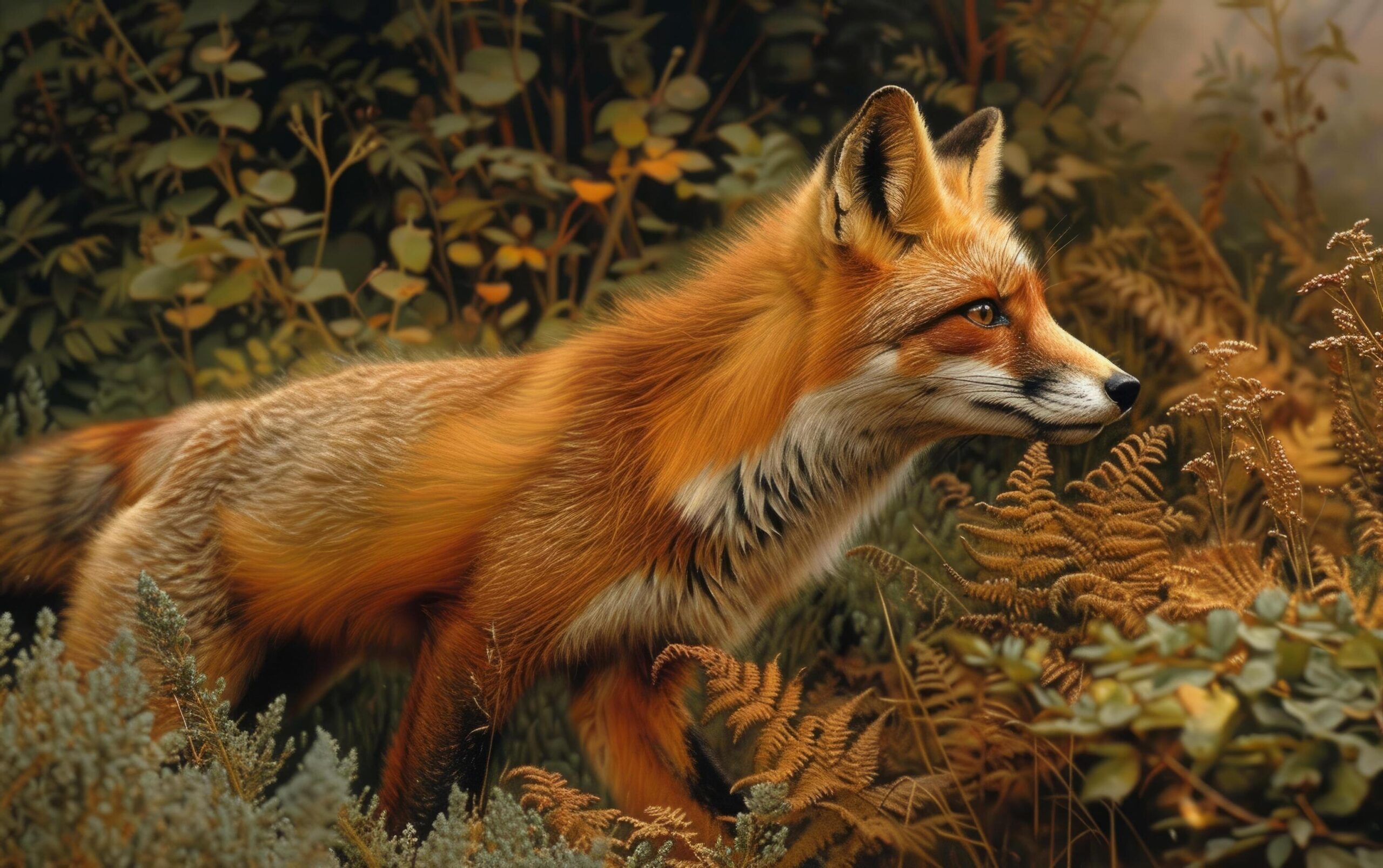 Ai-generated-a-vivid-red-fox-emerges-amidst-the-ferns-its-alert-gaze-and-lustrous-fur-free-photo