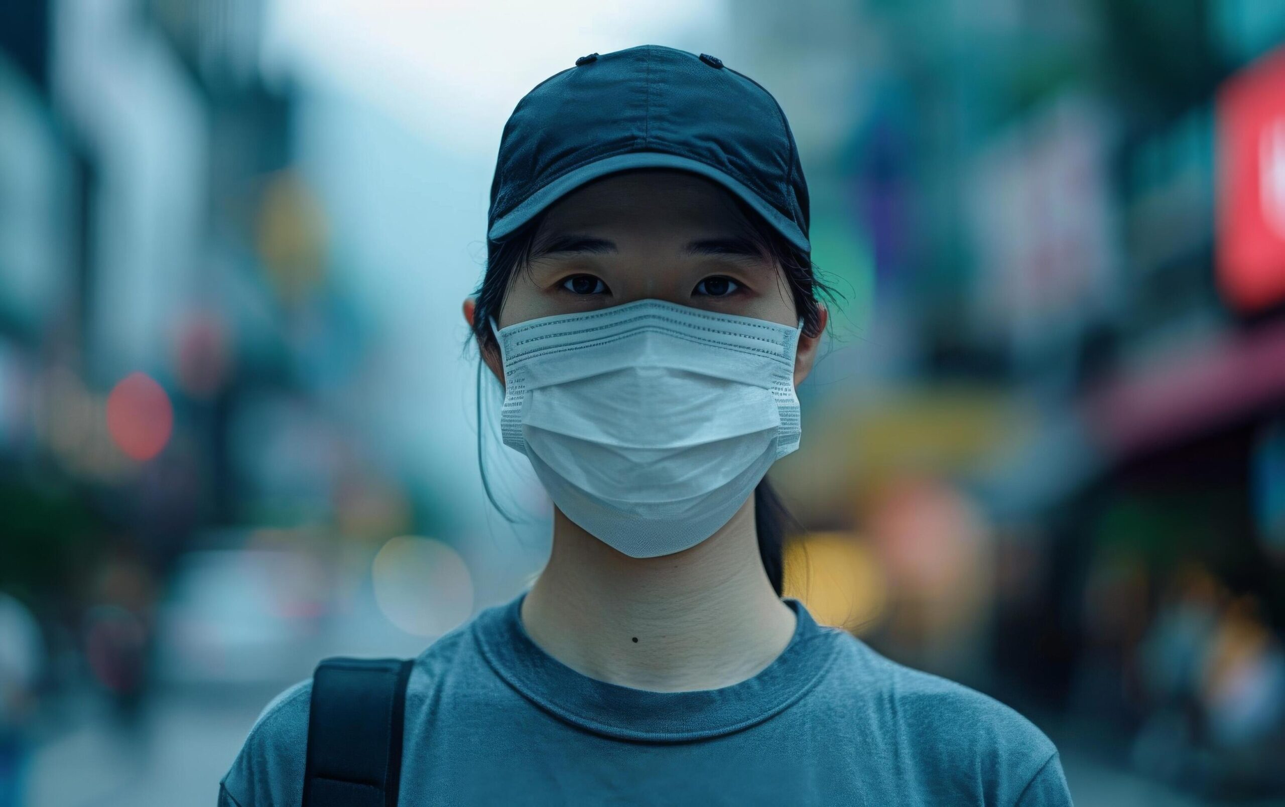 Ai-generated-a-woman-expressive-eyes-captivate-above-a-face-mask-blurred-hustle-of-city-life-in-the-background-free-photo