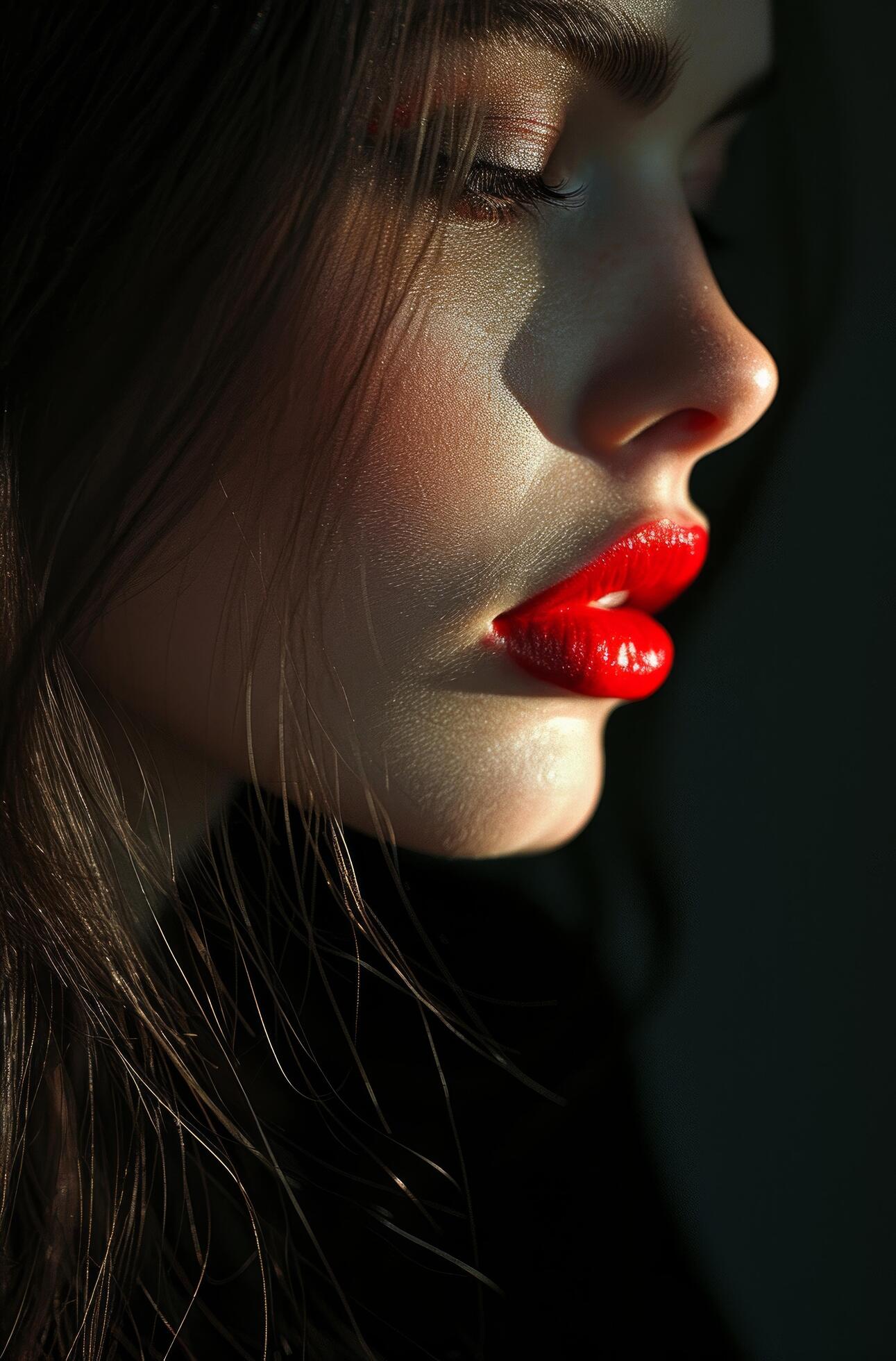 Ai-generated-a-woman-with-long-hair-and-red-lips-free-photo