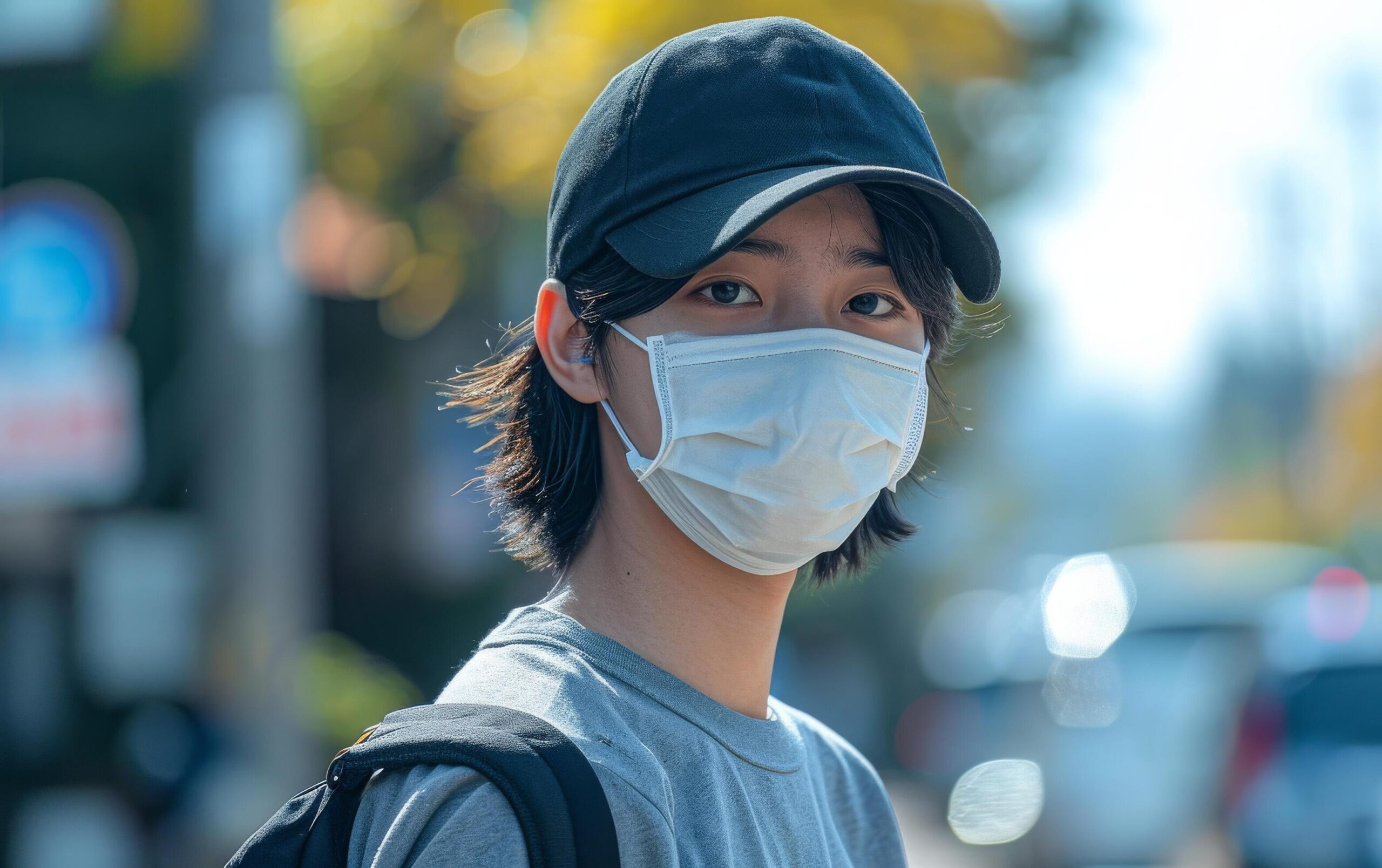 Ai-generated-a-young-man-with-a-black-cap-and-surgical-mask-new-normal-in-a-bustling-urban-setting-free-photo