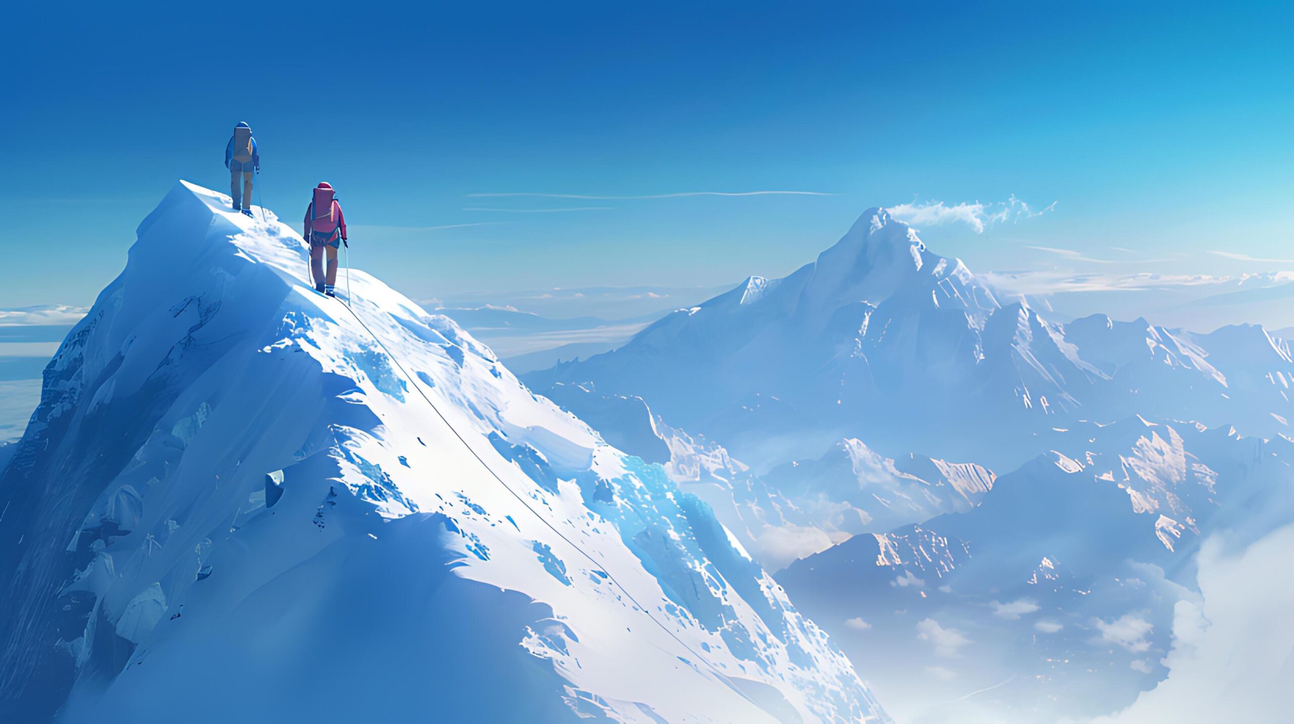 Ai-generated-adventurous-climbers-reach-the-summit-of-a-snow-covered-mountain-under-the-expansive-blue-sky-free-photo