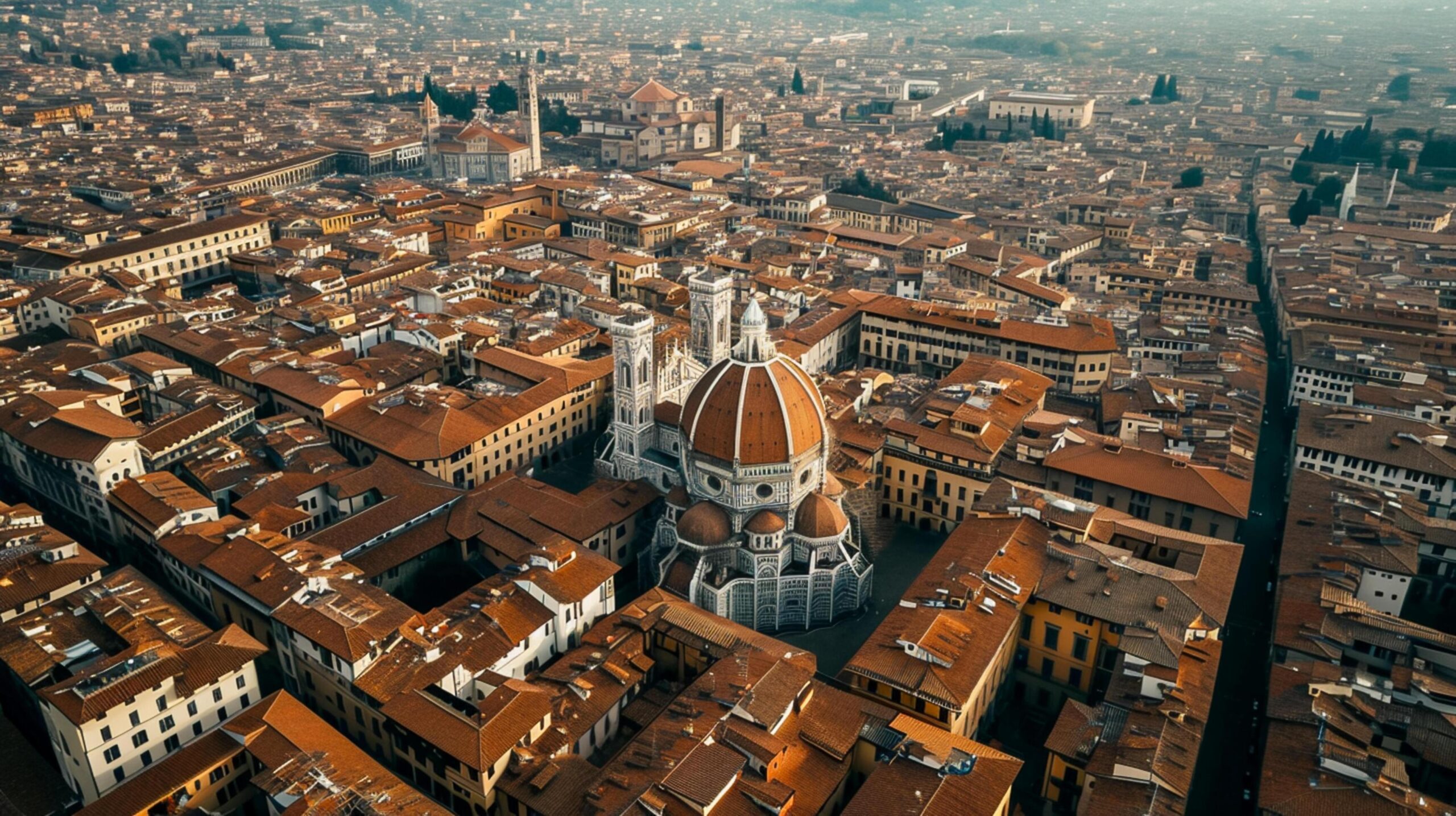 Ai-generated-aerial-view-captures-historic-cathedral-packed-cityscape-the-city-has-narrow-streets-and-brown-rooftops-with-traditional-architecture-and-uniform-color-tones-ai-generated-free-photo